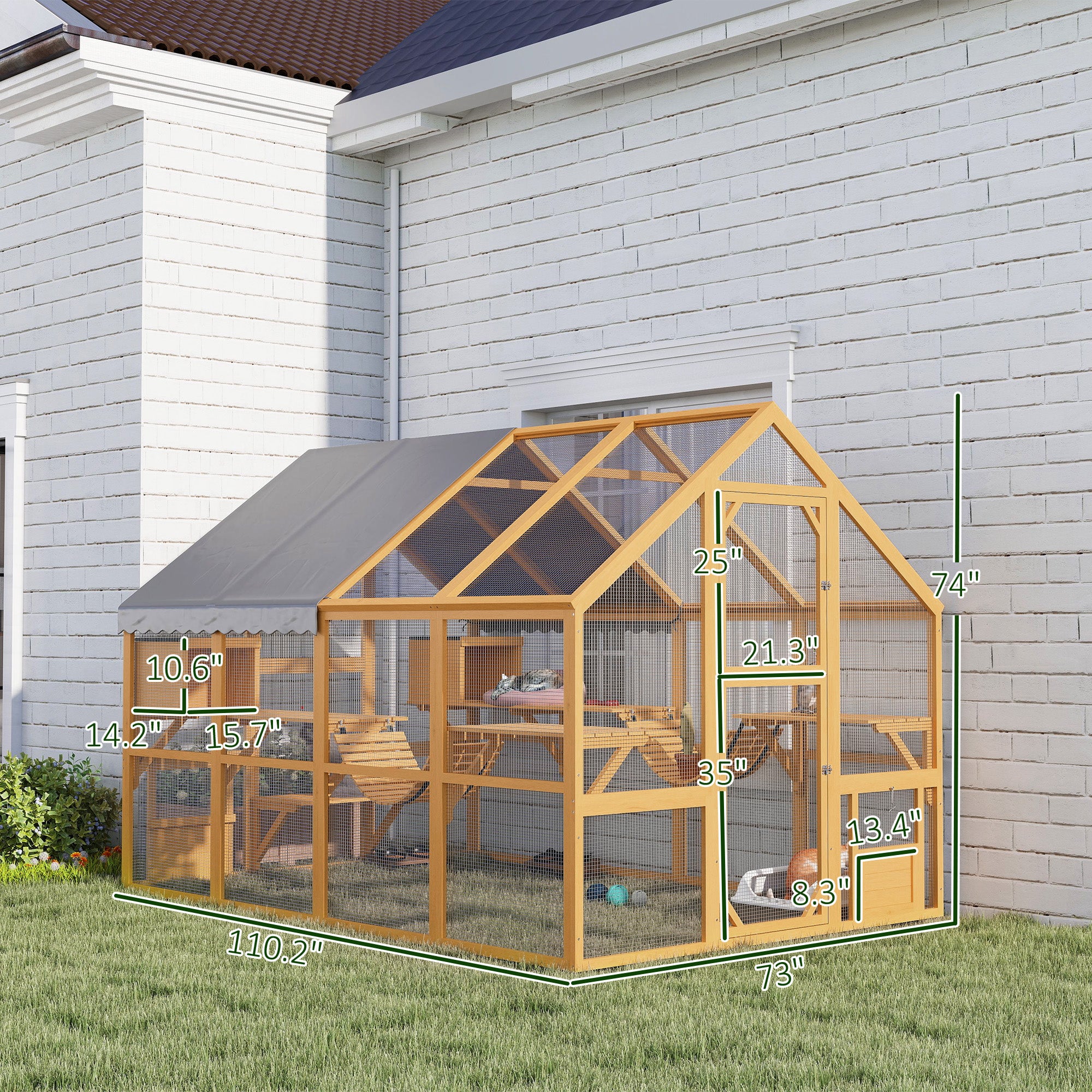 Wooden Catio Outdoor Cat Enclosure, Large Cat House with Waterproof Cover, 2 Condos, 6 Platforms, Bridge, Doors, Yellow - Yellow - Image 3