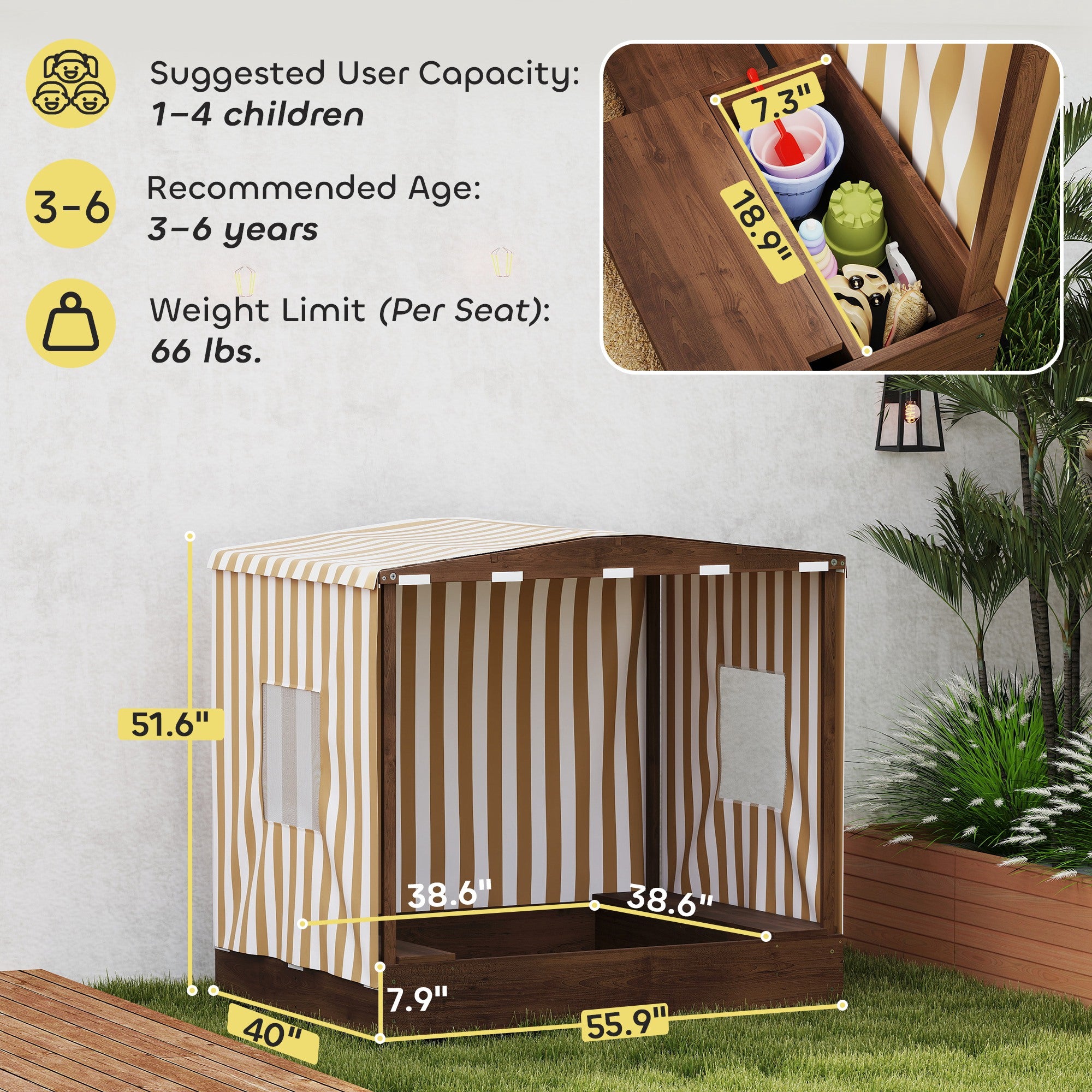 Kids Wooden Sandbox with Canopy Fully Covered, 2 Bench Seats, Bottom Liner, 56" x 40" x 52", Brown