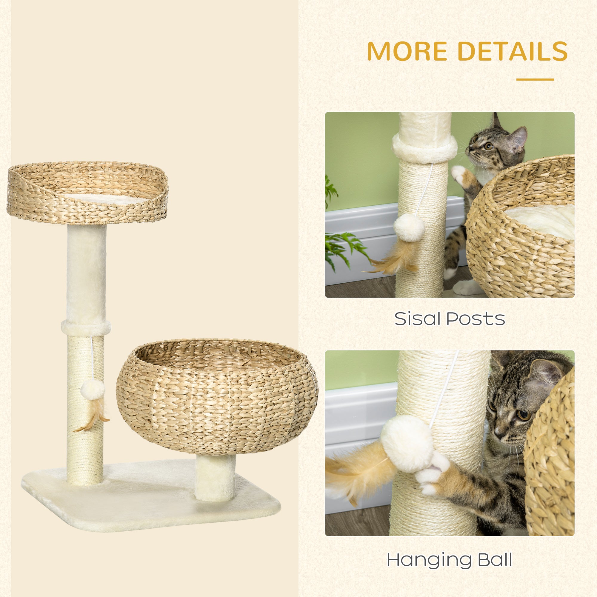 28" Elevated Cat Bed with Sisal Scratching Post for Indoor Kitties, Modern Cat Tree with Cute Basket Design, Small Cat Tree with Fun Ball Toy - Beige - Image 5