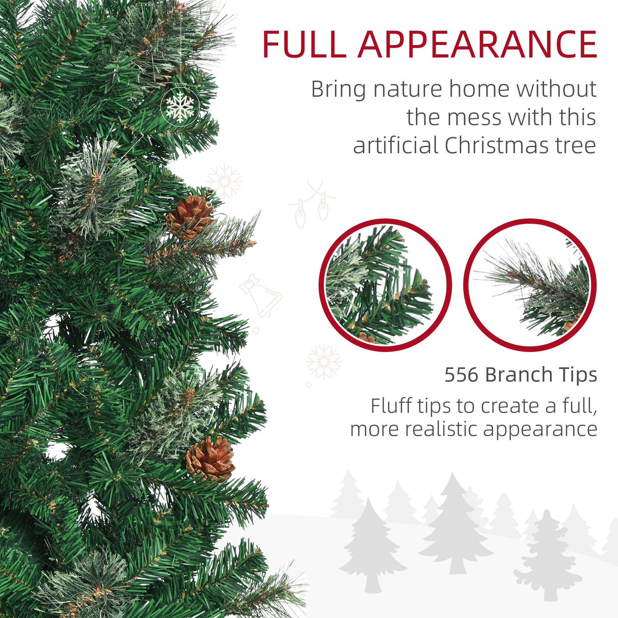 6.5 Foot Pencil Artificial Christmas Tree, Slim Pine Needles Xmas Tree with Realistic Branches, Pine Cones, Metal Base, Green