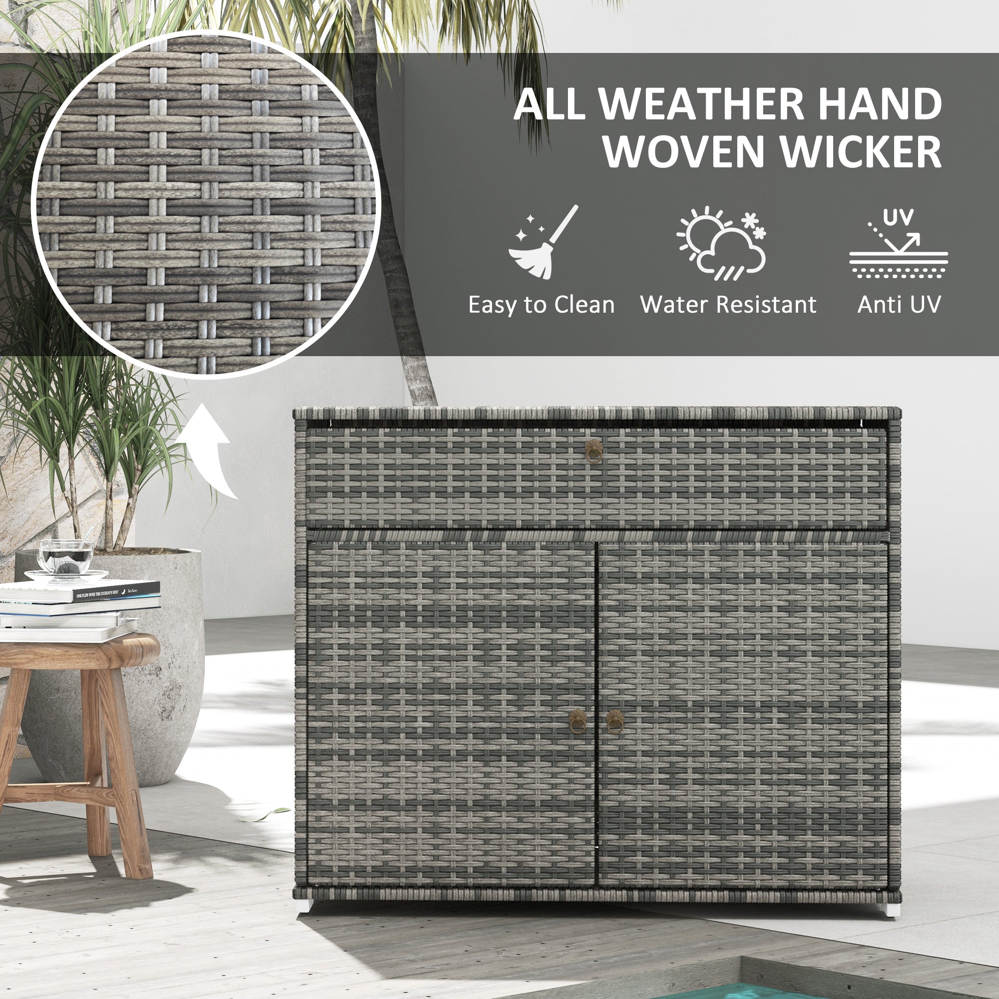 Outdoor Storage Cabinet, Waterproof PE Rattan Cabinet with Drawer for Indoor, Outdoor Swimming Pool, Gray - Gray - Image 5