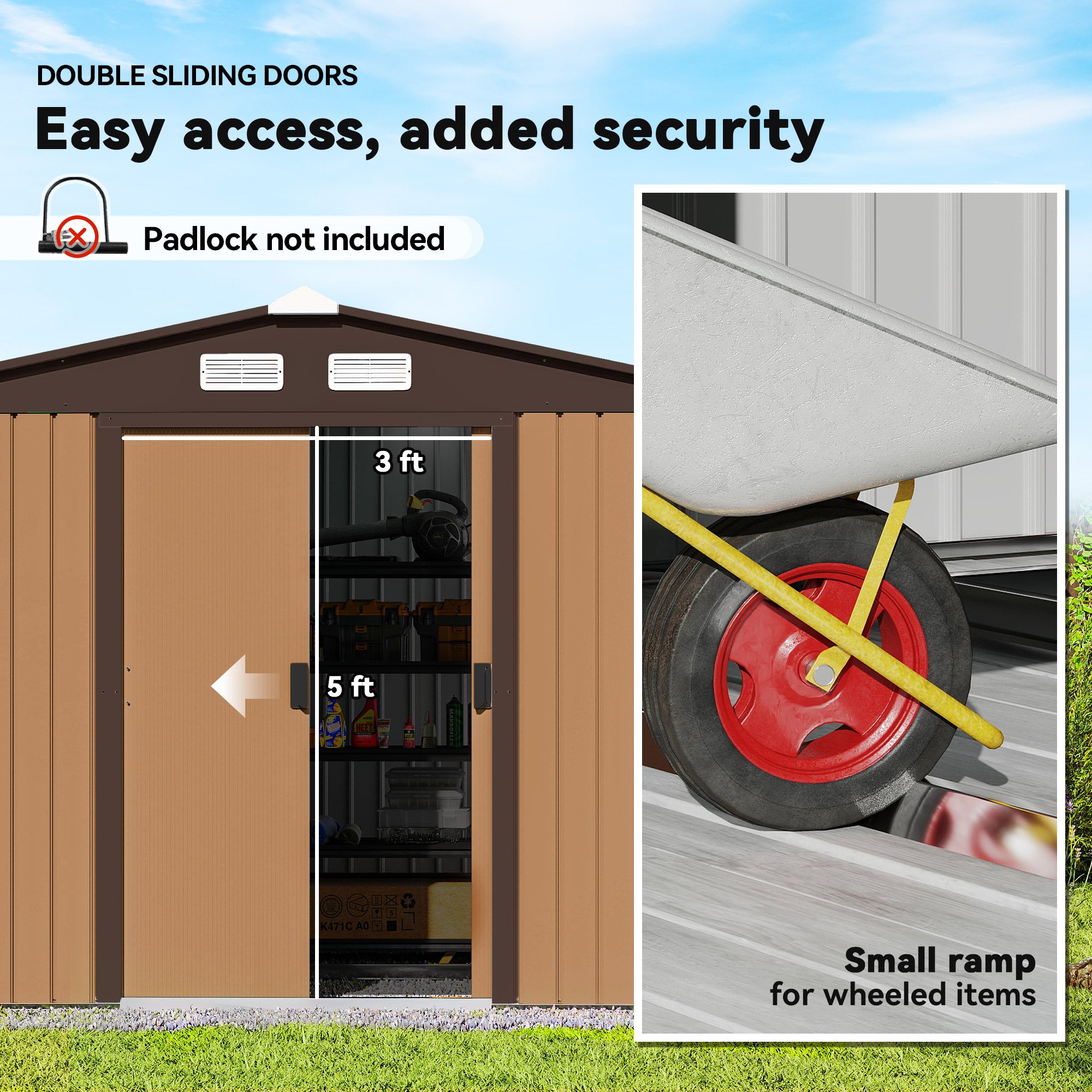 9' x 6' Outdoor Storage Shed, Garden Tool Metal Shed with Foundation Kit, Double Lockable Door, Air Vents and Sloping Roof, for Backyard, Patio, Lawn, Yellow - Yellow - Image 5
