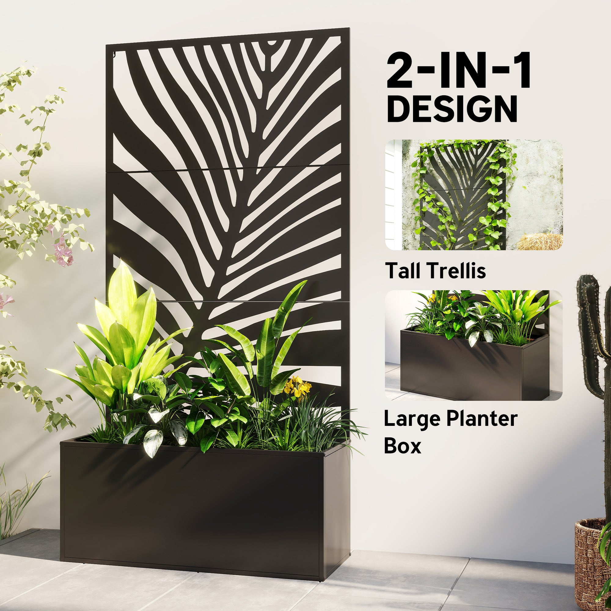 Metal Planter Box with Trellis, Raised Garden Bed with Trellis Large Leaf Cut-Out Privacy Screen for Climbing Plants - Black - Image 4