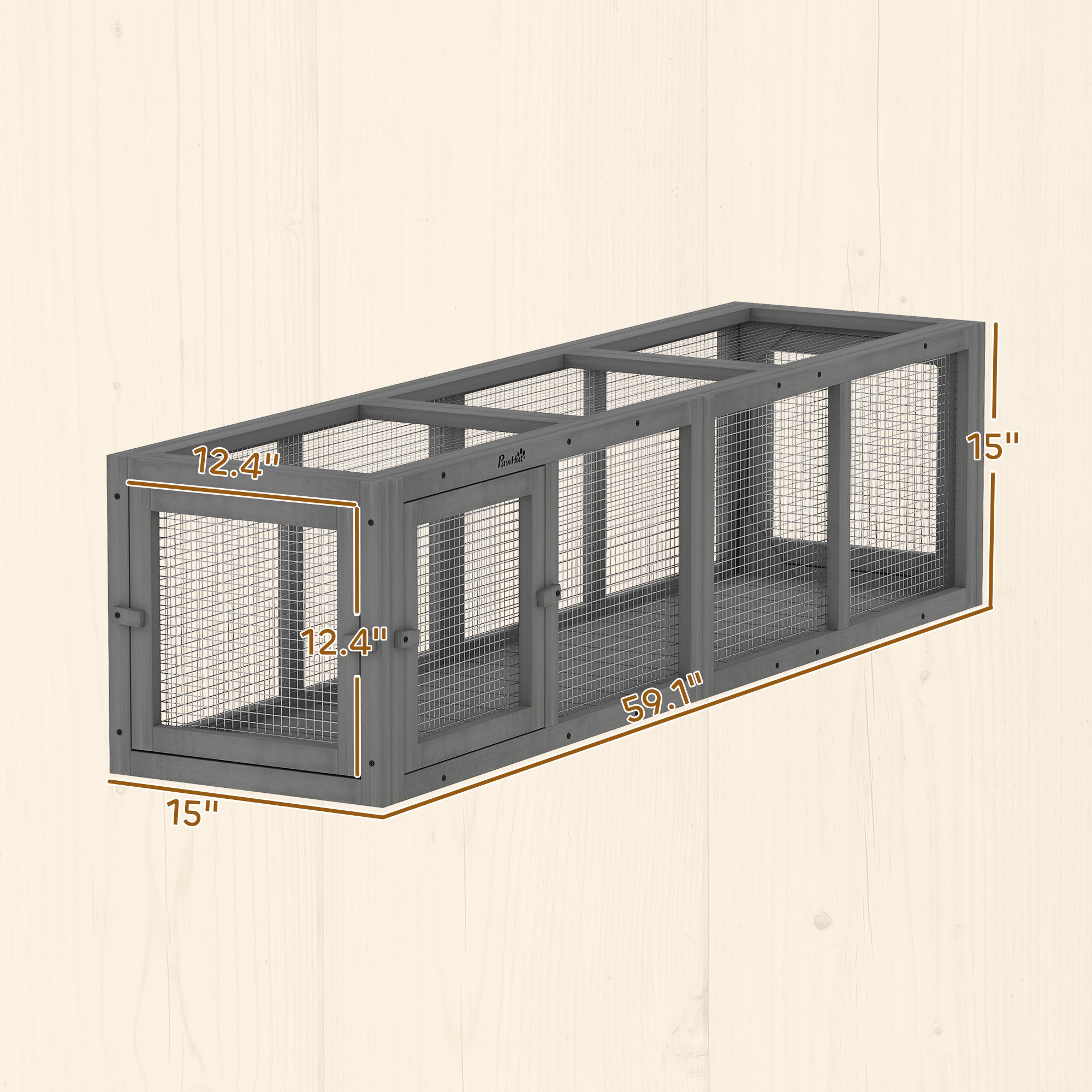 Outdoor Cat Tunnel, 59" Wooden Play Cat Enclosure, Extendable Pet Run with 3 Doors for Kitty, Puppy, Gray - Gray - Image 3