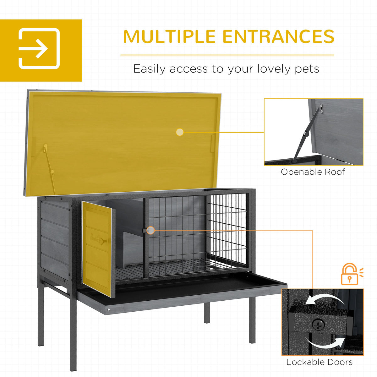 Wooden Rabbit Hutch Elevated with No Leak Tray, Openable Roof for Indoor/Outdoor, Gray