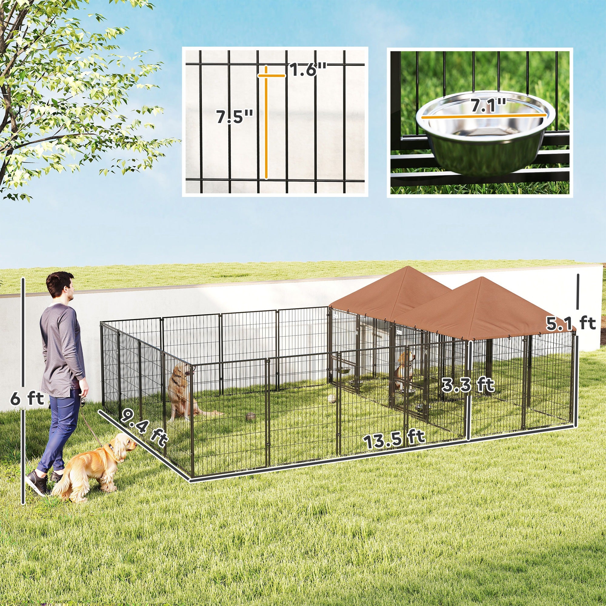 Large Outdoor Dog Kennel with 2 Rooms, Rotating & Adjustable Height Bowls, 13.5' x 9.4' x 5.1' - Coffee - Image 3