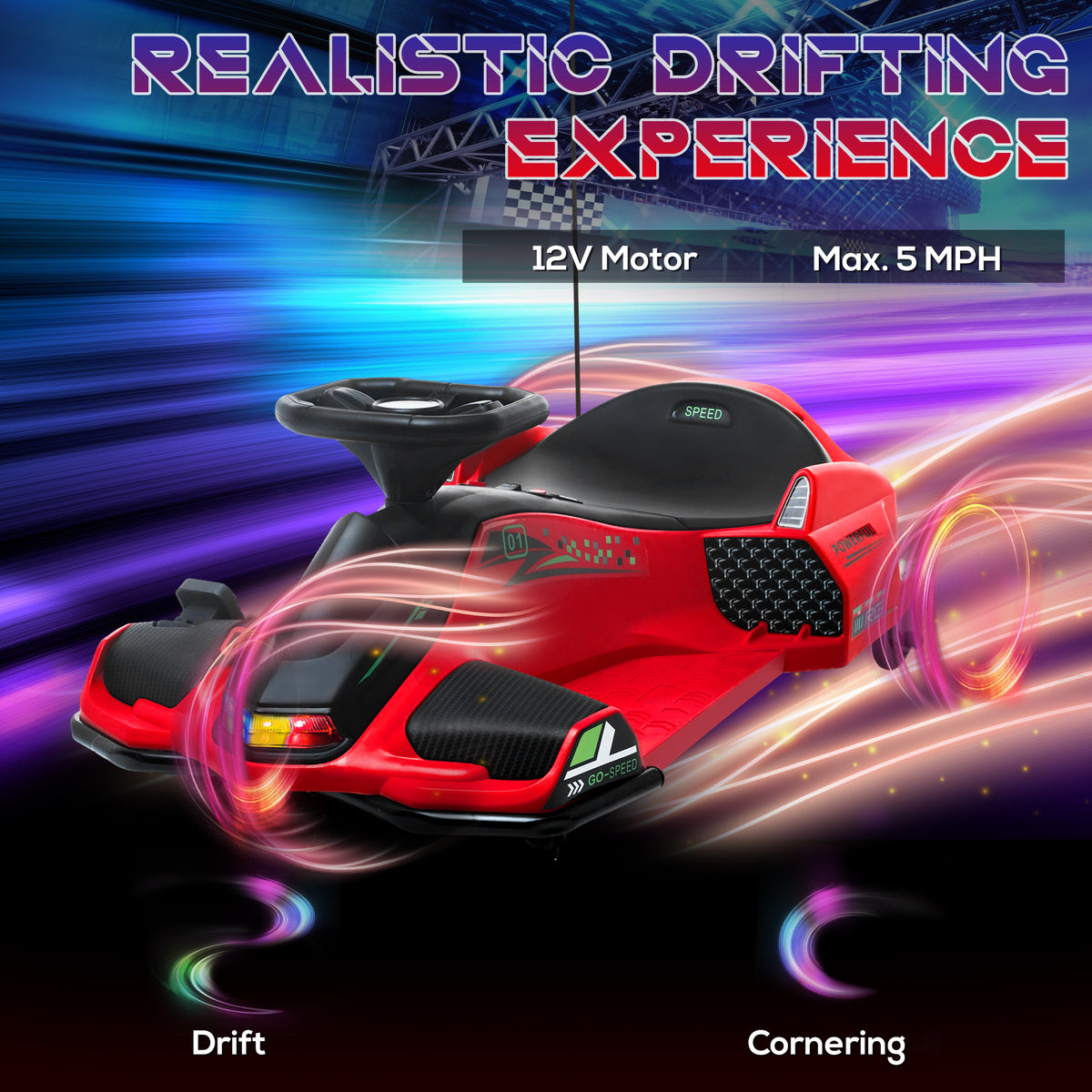 12V Electric Drifting Go Kart w/ Slow Start, Music, Lights, Red