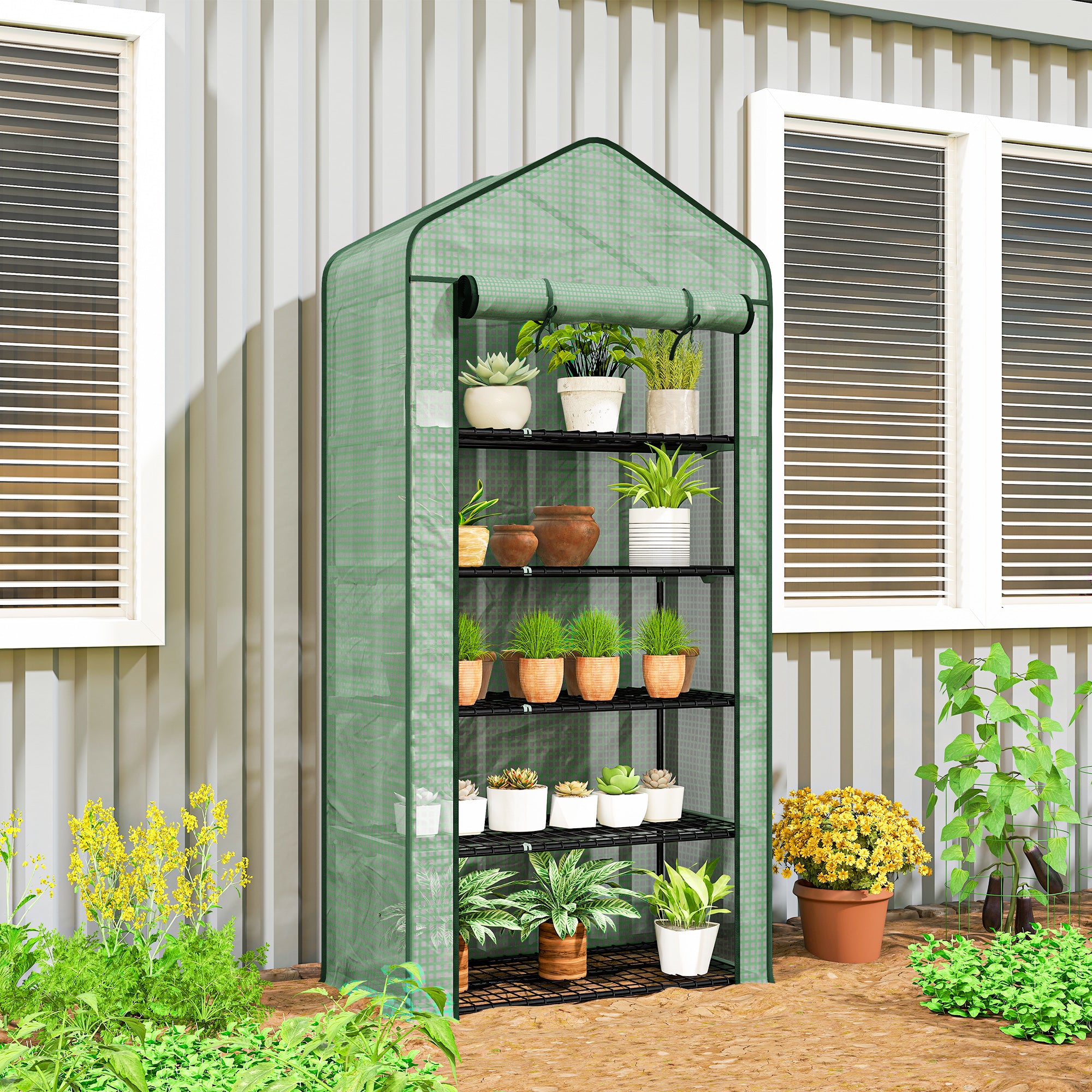 5 Tier Mini Greenhouse, Small Portable Greenhouse with PE Cover, Roll-Up Zippered Door, 76" x 35.4" x 19.3", Green - Green - Image 2