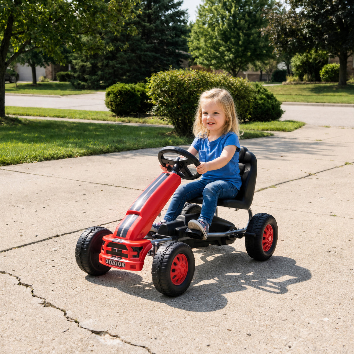 Lightweight Pedal Go Kart with Steering Wheel, Go Cart Ride on Toy with Adjustable Seat for 3+ Years, Red