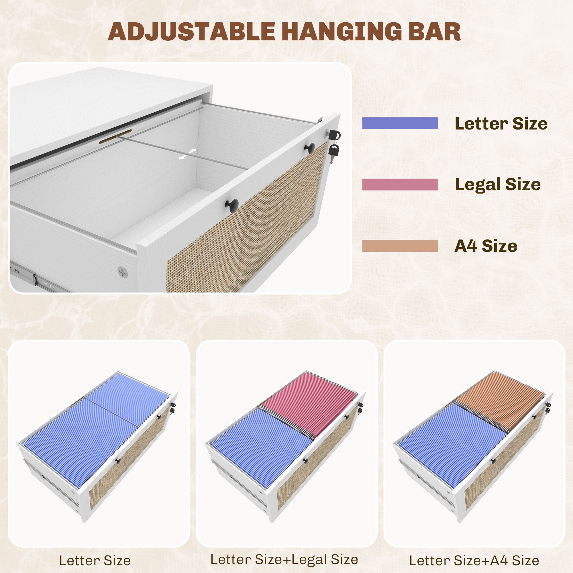 Lockable Filing Cabinet, Boho 2 Drawer File Cabinet with Adjustable Hanging Bar for Letter, A4 and Legal Size, White