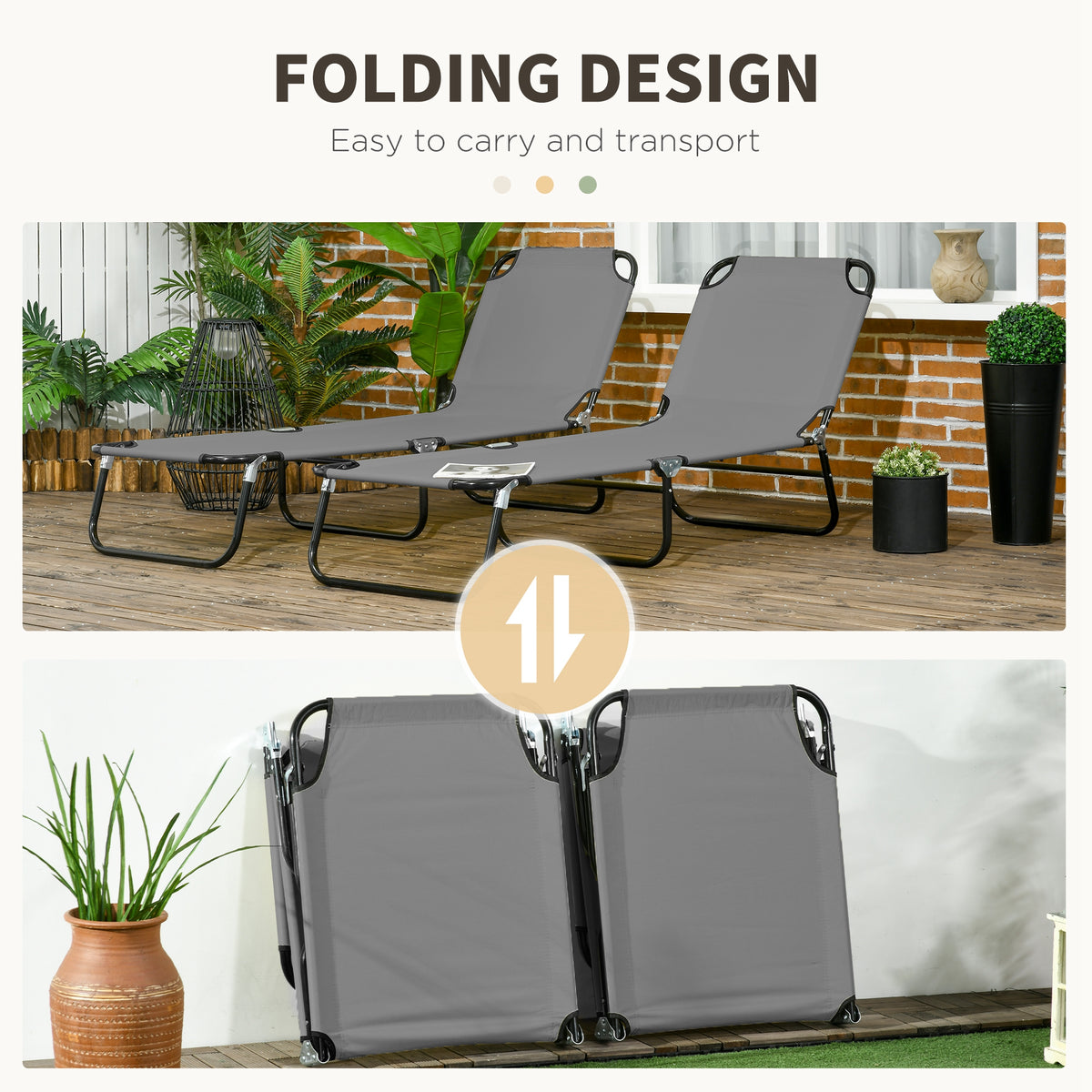 2 Pieces Pool Chaise Lounge Chairs, Folding Lounge Chairs with 5-Level Reclining Back, Steel Frame, Dark Gray