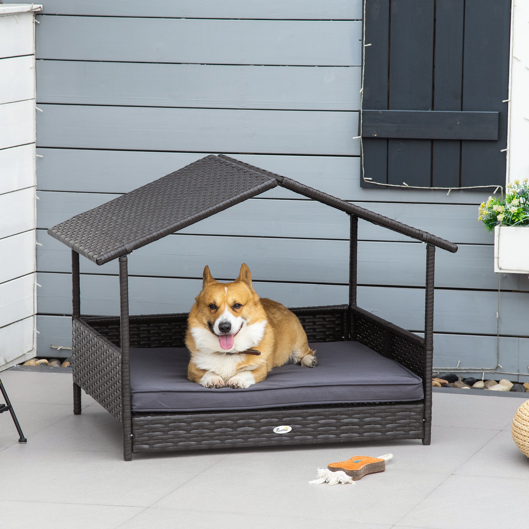 Wicker Dog House Outdoor with Canopy, Rattan Dog Bed with Water-resistant Cushion, Raised Pet Bed for Small, Medium Breeds up to 66 lbs, 20" in Length, Brown Wicker, Gray Cushion - Grey - Image 2