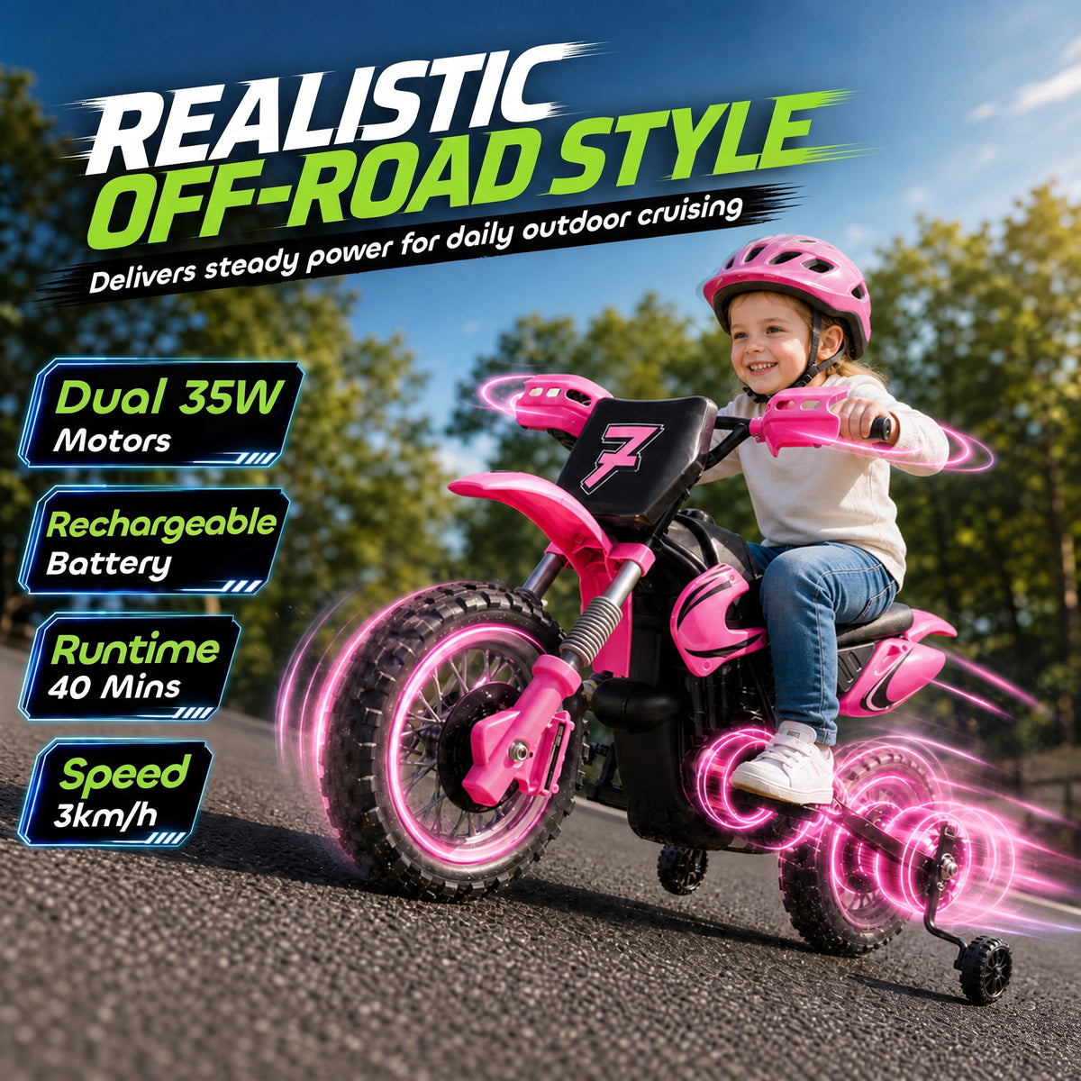 12V Kids Motorcycle, 2 x 35W Electric Dirt Bike with Training Wheels, Rear Suspension, Horn for 3-6 Years, Pink