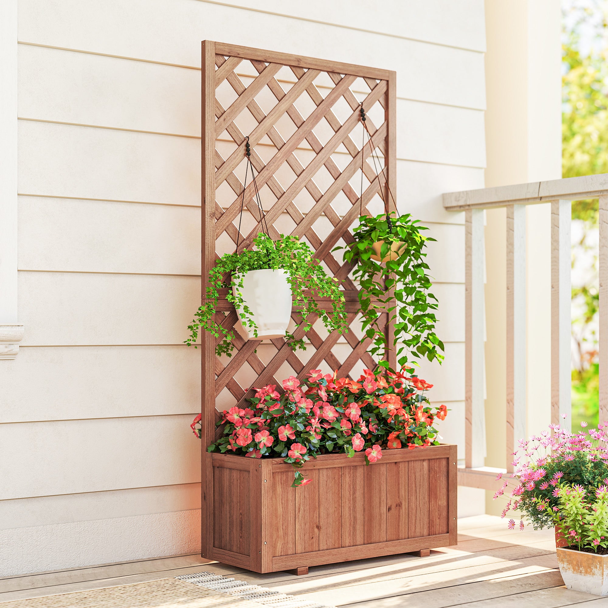 Wooden Raised Garden Bed with Trellis, 59" Outdoor Planter Box with Drainage Holes, Planter Raised Bed for Climbing Vine Plants Flowers, Orange - Orange - Image 8