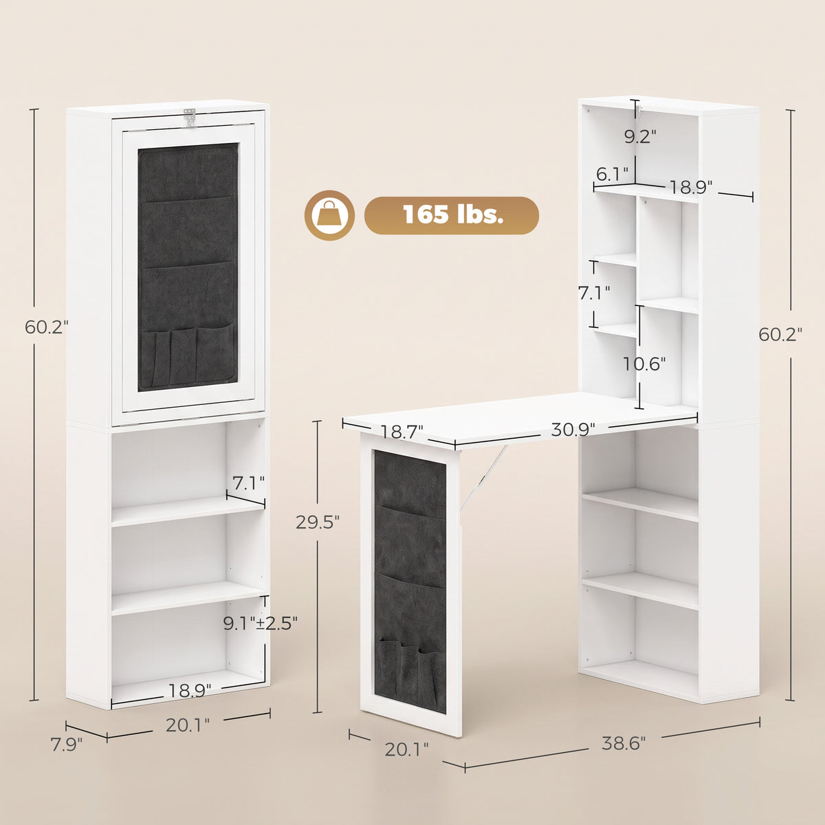 Foldable Convertible Writing Table with Storage Shelves, Bag, Wall-Mounted Space-Saving Computer Desk, White