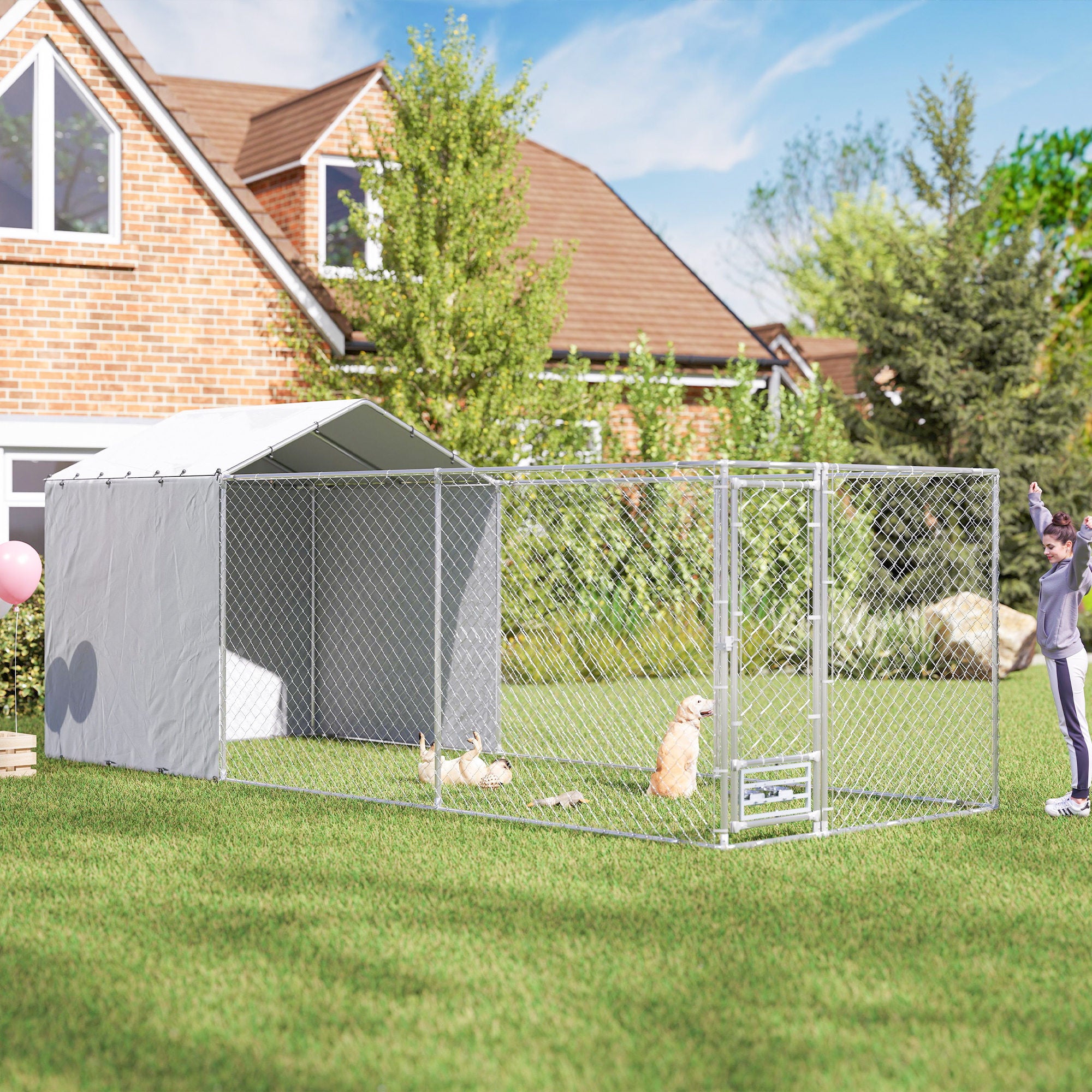 Galvanized Chain Link Large Outdoor Dog Kennel with Waterproof & UV-Resistant Cover, for M&L Dogs, 19.7' x 7.5' x 7.5' - Silver - Image 2