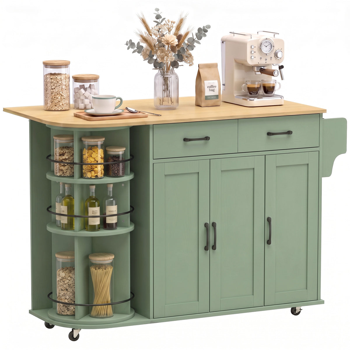 53" Kitchen Island with Power Outlet and Drop Leaf, Kitchen Cart on Wheels with 360° Rotating Rack, Sage Green