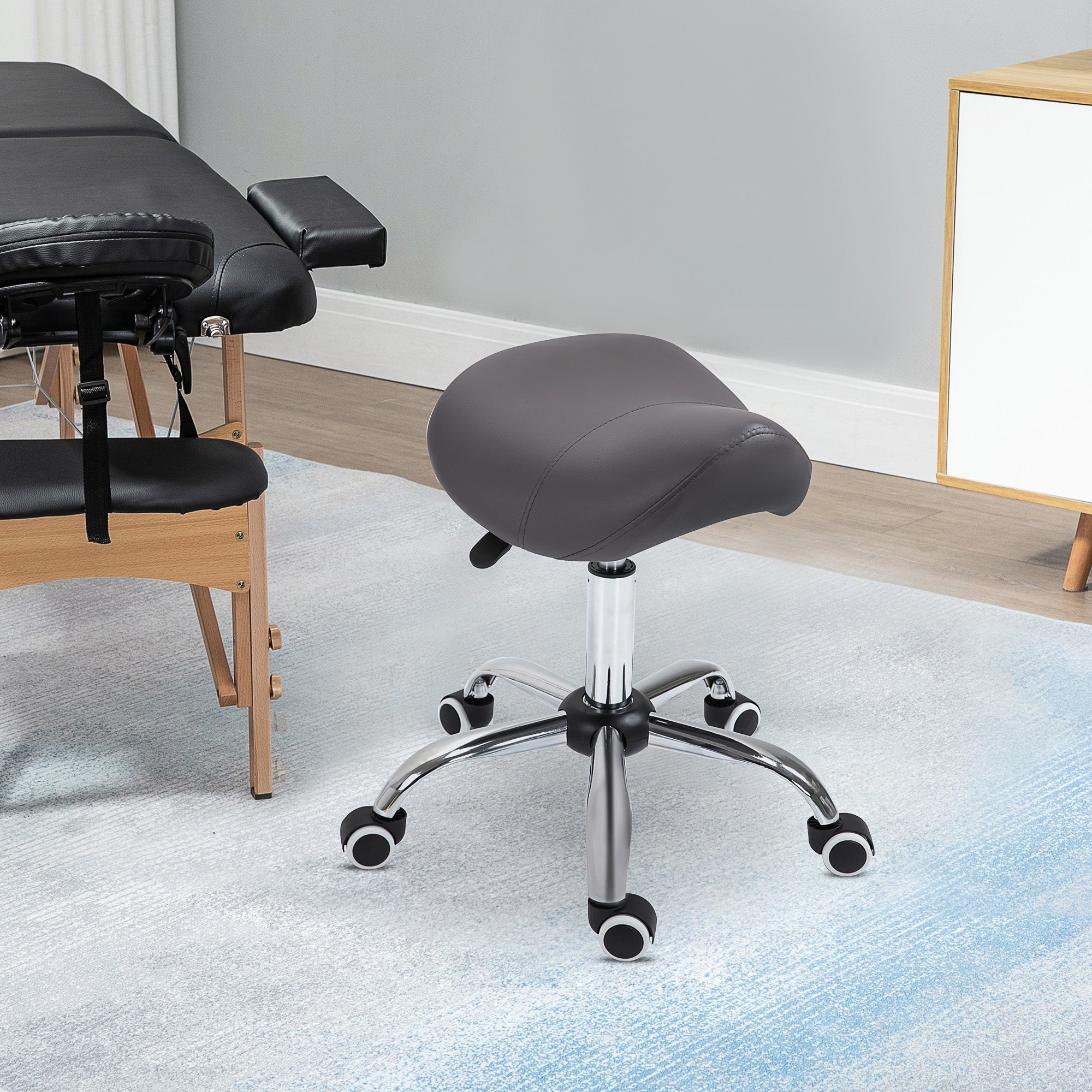 Ergonomic Rolling Saddle Stool PU Leather Hydraulic Spa Stool Height Adjustable Swivel Drafting Medical Salon Chair, Grey
