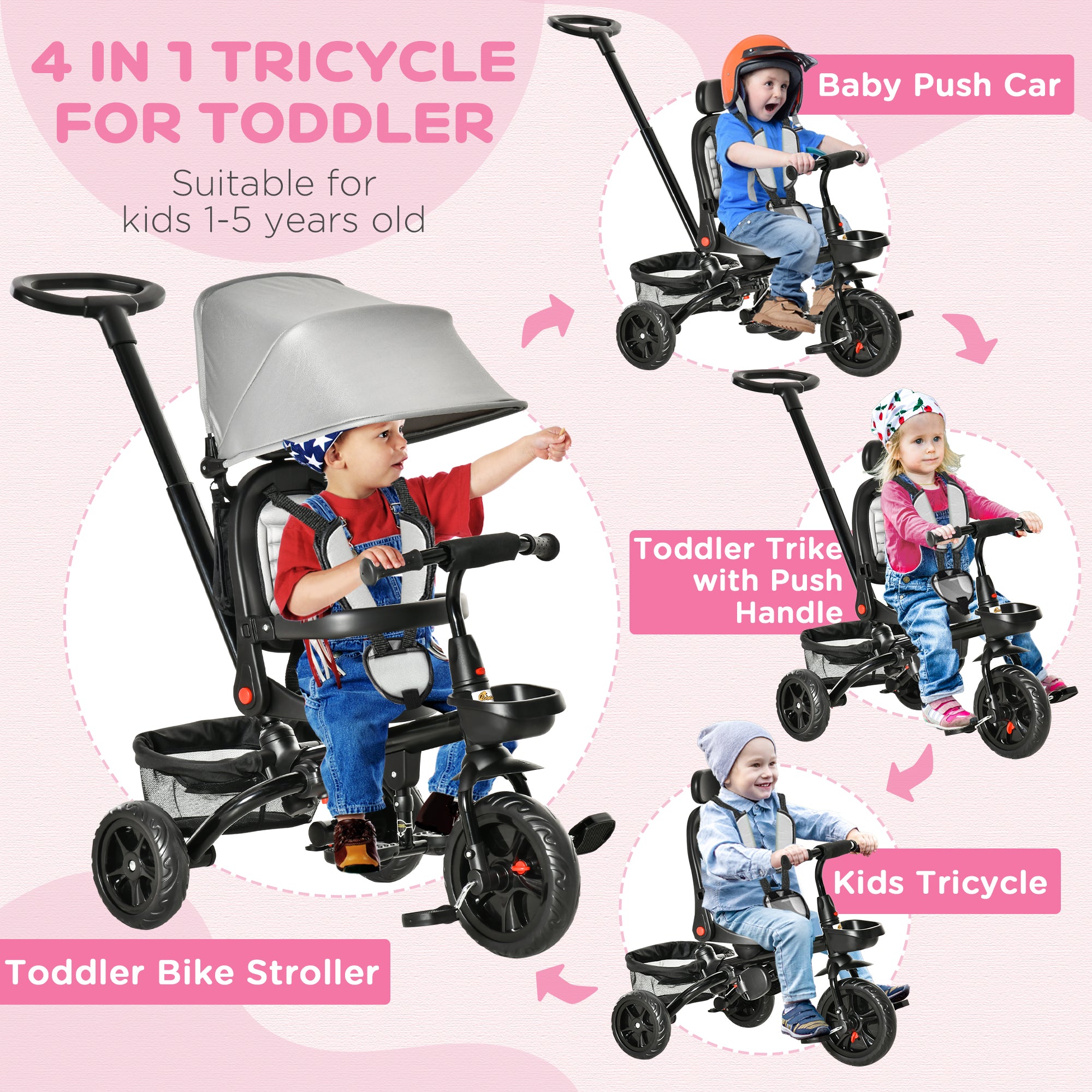 Kids Tricycle, 4 in 1 Foldable Trike with Reversible Seat, Adjustable Parent Handle, Safety Harness, Wheel Brakes, Removable Canopy, Storage, Tricycle for Toddlers 1-5 Years, Gray