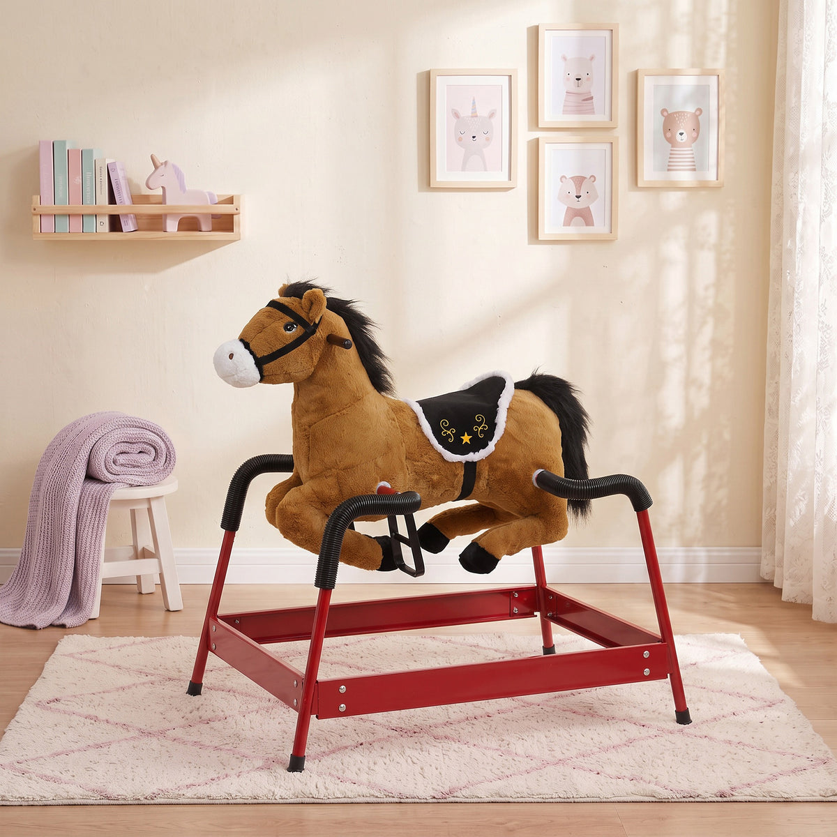 Kids Spring Rocking Horse, Ride on Horse with Neighing Sounds, Plush Animal Ride on Toy for Ages 3+ Years, Brown
