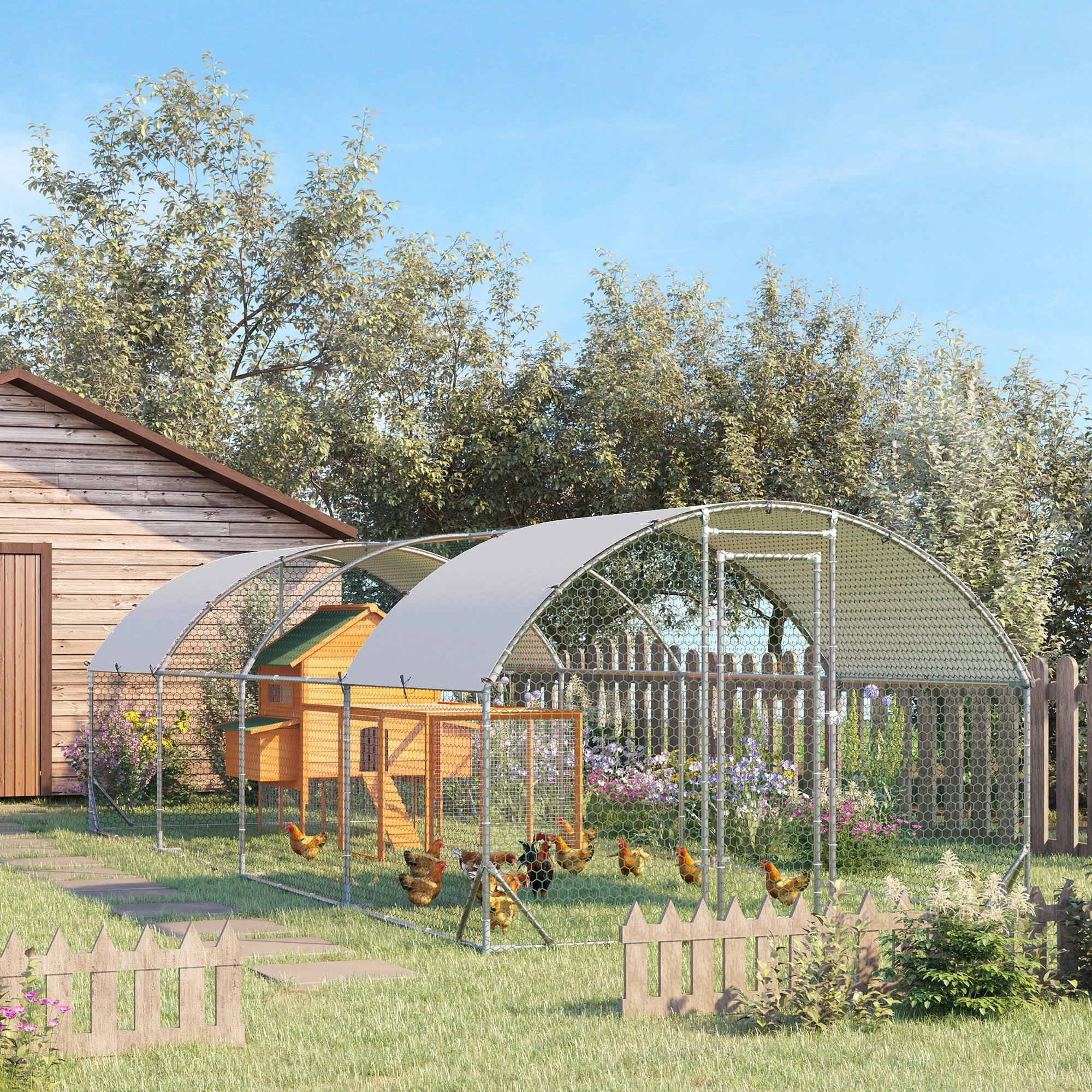 Large Metal Chicken Coop with Waterproof and Anti-UV Cover for Yard, Outdoor, Duck, Rabbit, 9.2' x 24.9' x 6.5' - Silver - Image 2