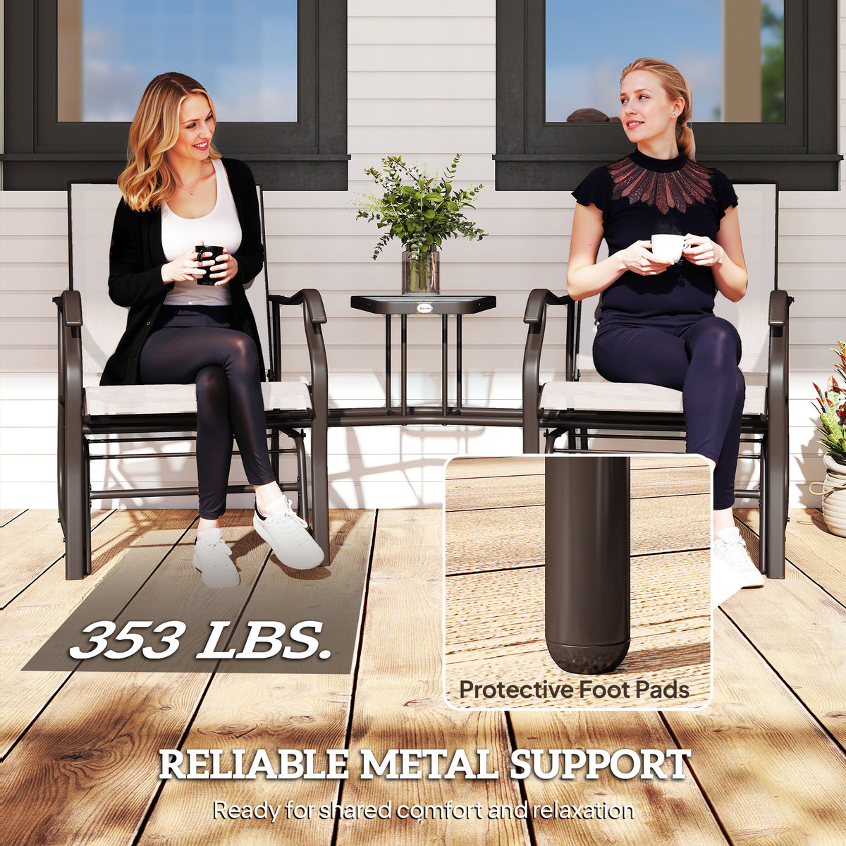 Outdoor Glider Chairs with Coffee Table, Patio 2-Seat Rocking Chair Swing Loveseat with Breathable Sling for Backyard, Garden, and Porch, Beige