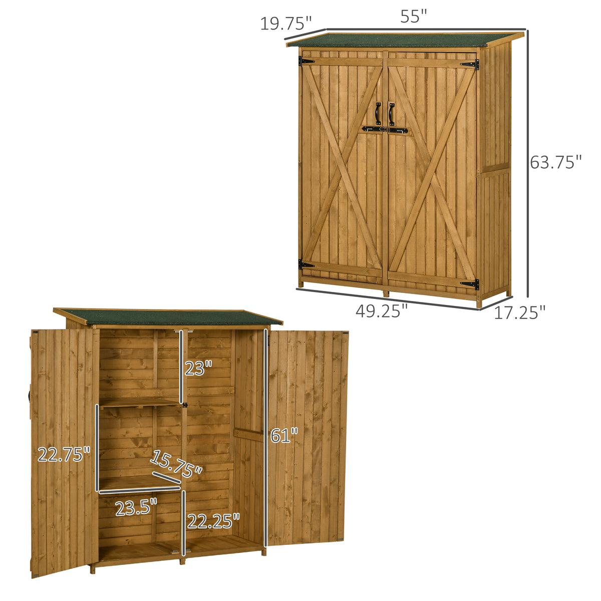 Outdoor Storage Cabinet Wooden Garden Shed Utility Tool Organizer with Waterproof Asphalt Rood, Lockable Doors, 3 Tier Shelves for Lawn, Backyard, Natural - Natural - Image 3