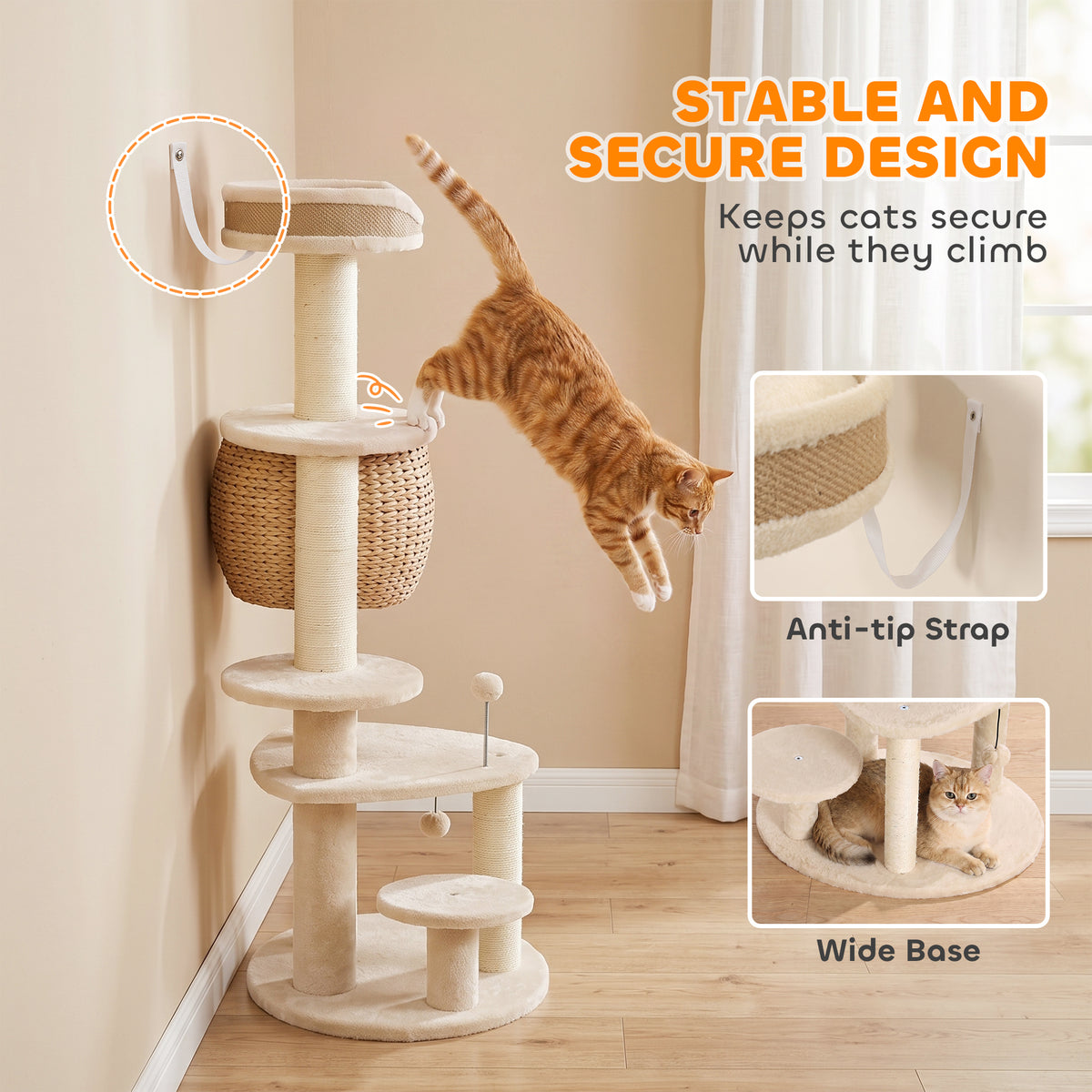 52" Cat Tree, Cat Tower with Handwoven Cattail Condo, Bed, Platforms, 3 Scratching Posts and 3 Toy Balls