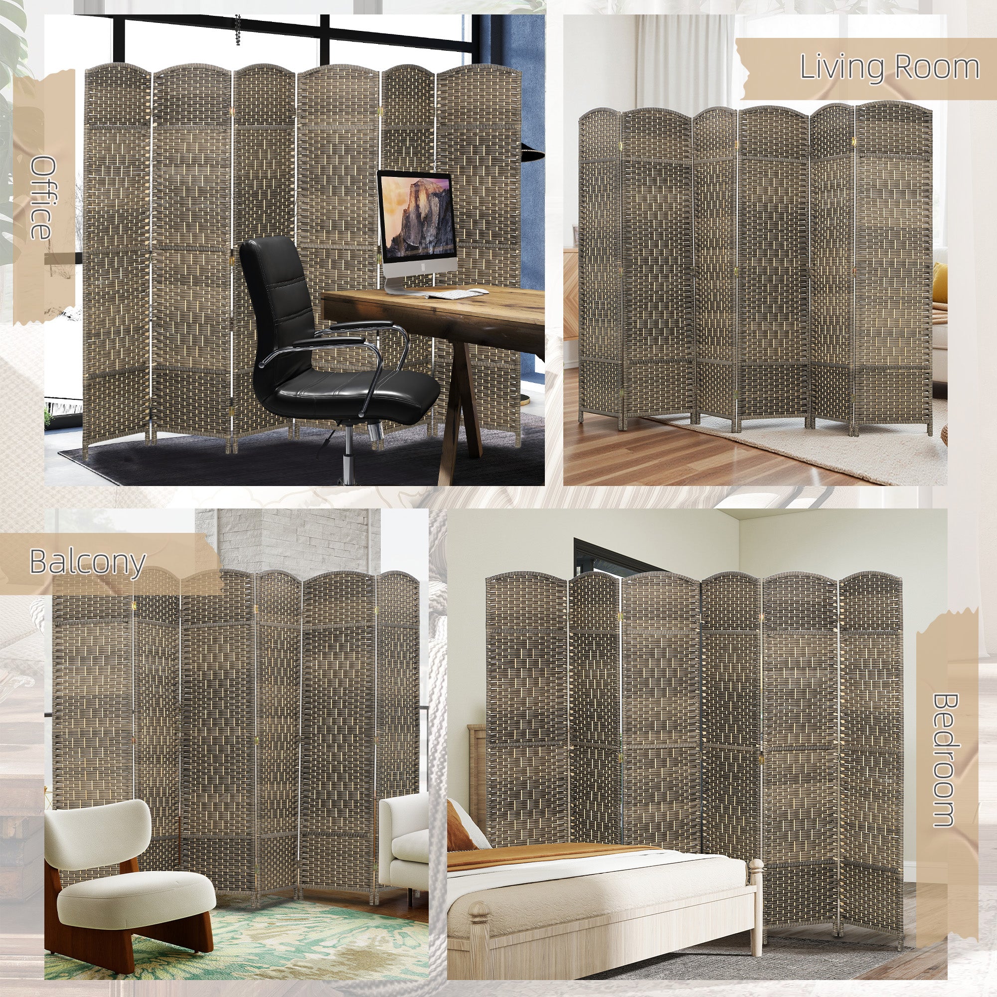 Folding Room Divider Screen 6 Panel 6' Tall Privacy Screen Freestanding Wood Partition for Home Office, Dark Rustic Oak
