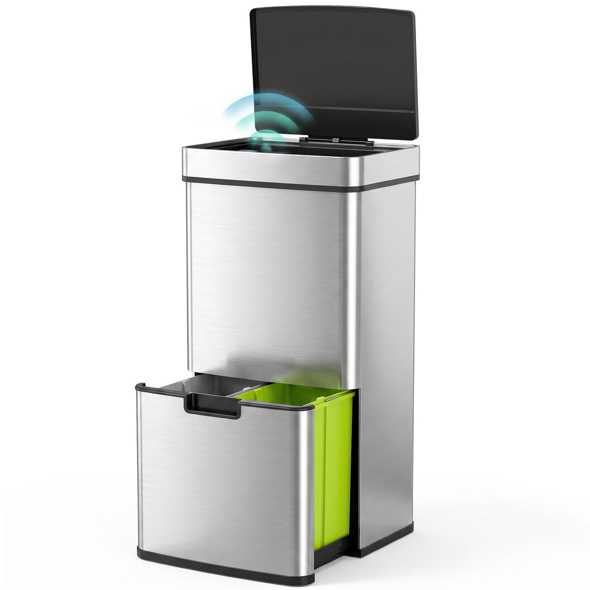 Kitchen Bin 3 Compartments Motion Sensor Trash Can Infrared Lid Stainless Steel 19 Gal Silver