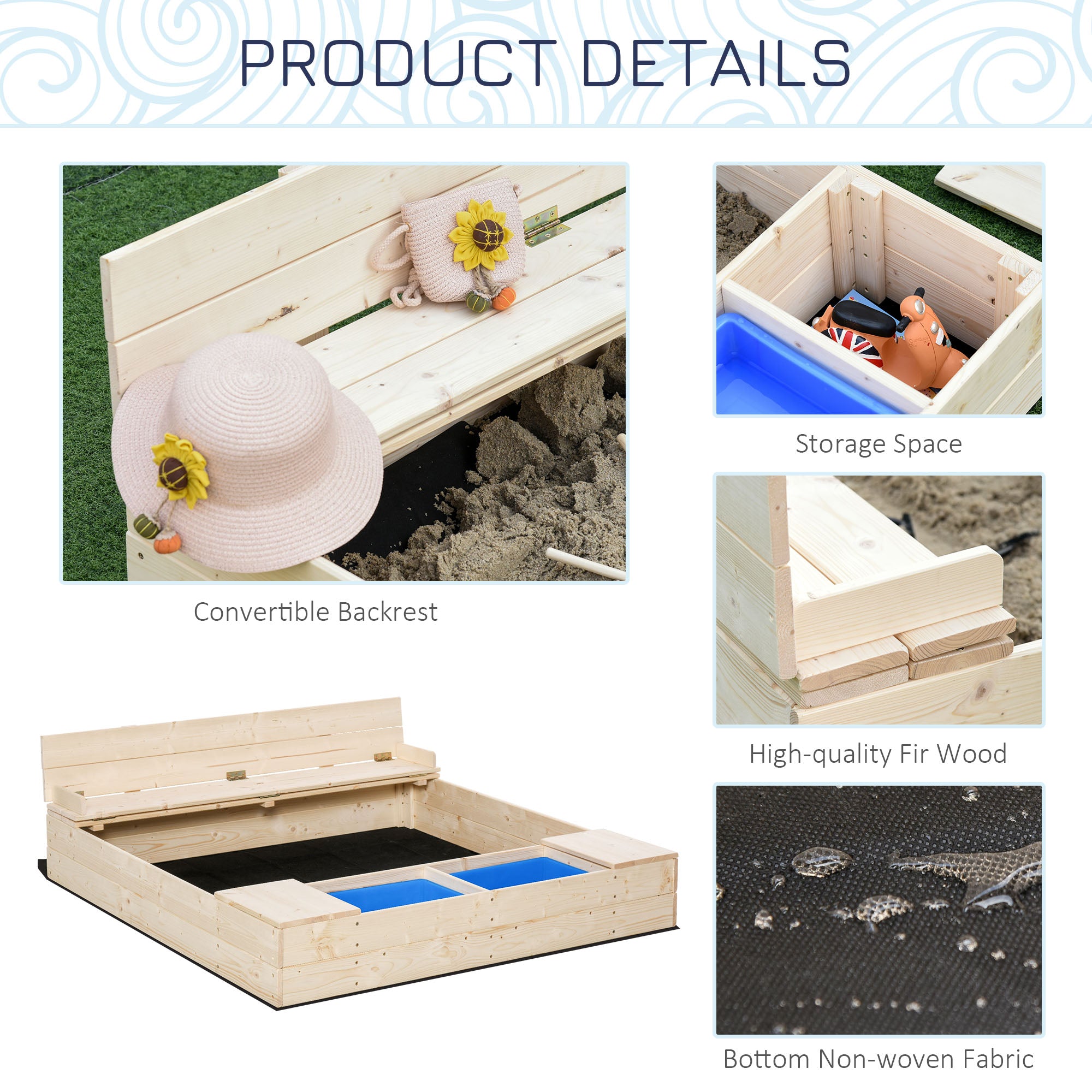 Kids Wooden Sandbox w/ Two Plastic Boxes Foldable Bench Seat Waterproof Cover Bottom Liner Storage Space