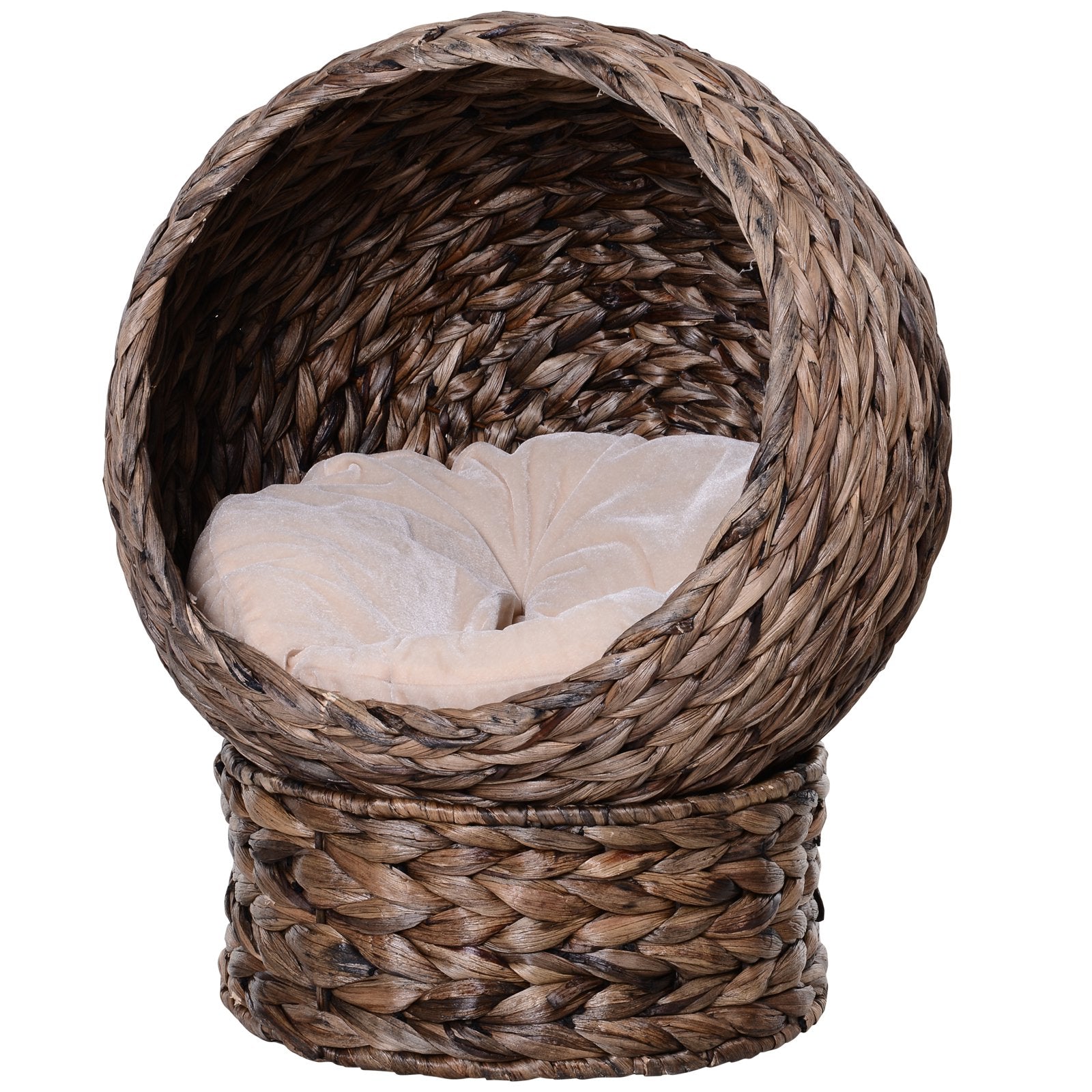 Handwoven Elevated Cat Bed with Rotating Basket and Soft Cushion, Wicker Cat Egg Chair with Stand, Brown - Dark Gray