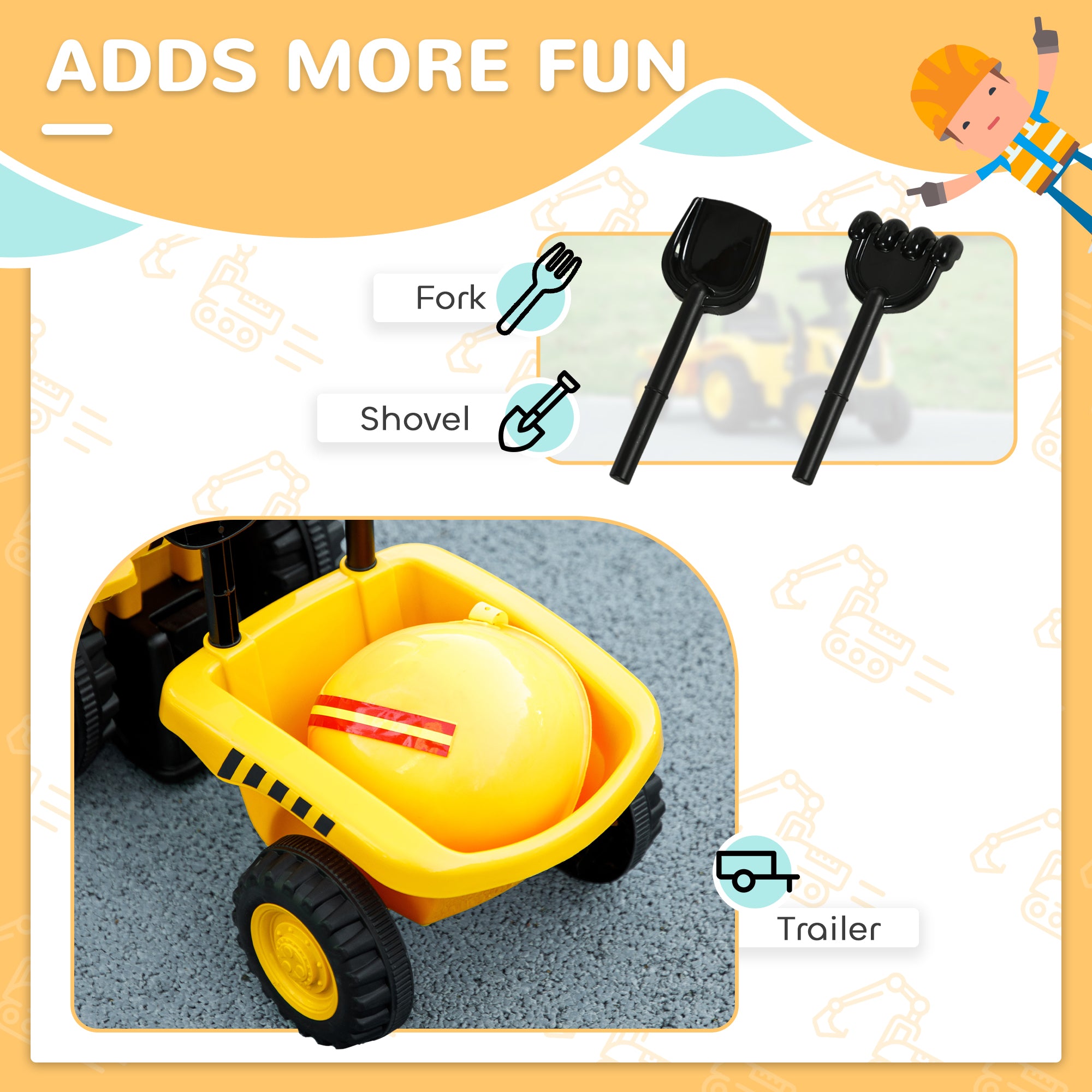 Caterpillar Licensed Ride-On Construction Toy with Shovel & Trailer, No Power Ride-on Tractor for 18-36 Months