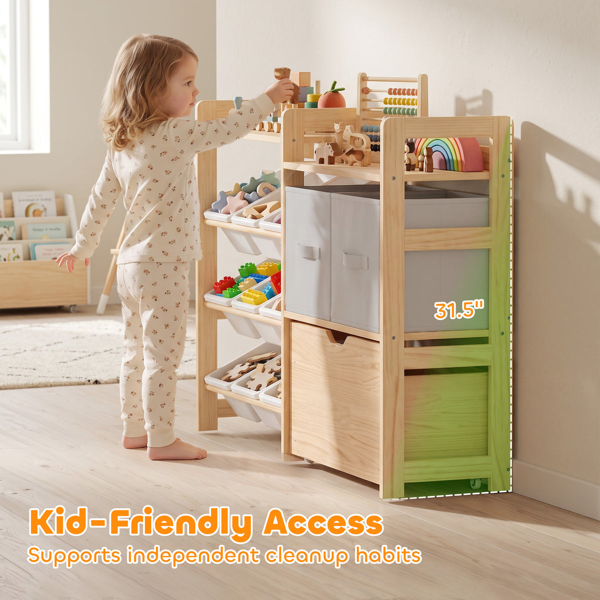 Wooden Toy Storage Organizer with Rolling Toy Chest, 2 Fabric Drawers, 2 Shelves, 9 Bins for Bedroom, Playroom, Nursery