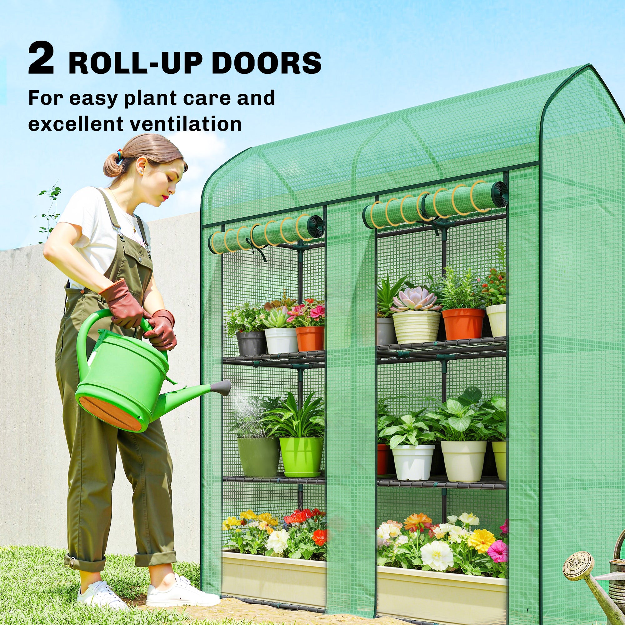 3 Tier Mini Greenhouse, Small Portable Greenhouse with 2 Roll-up Doors, 56.3" x 18.1" x 65", Green - Green - Image 6