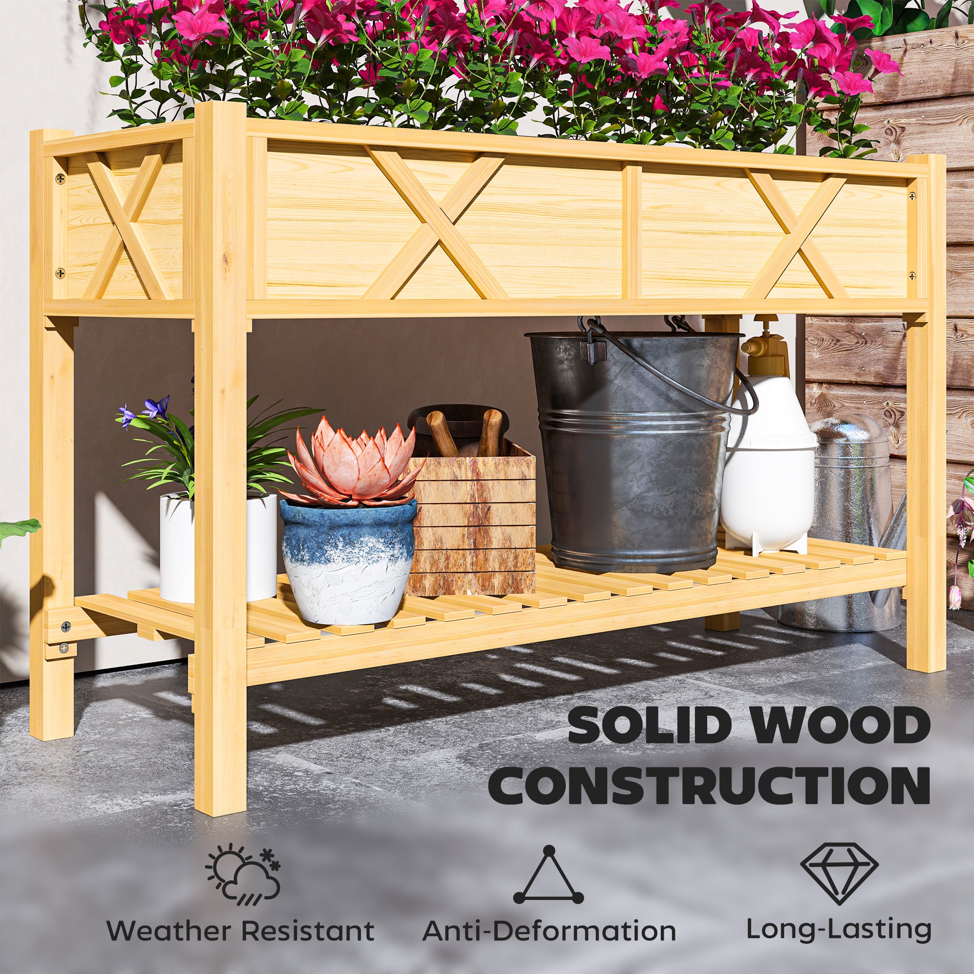 Raised Garden Bed, 47 x 22 x 31.5 in. Elevated Wood Planter Box with Storage Shelf, Drainage Holes, and Liner, Natural - Natural Wood - Image 7