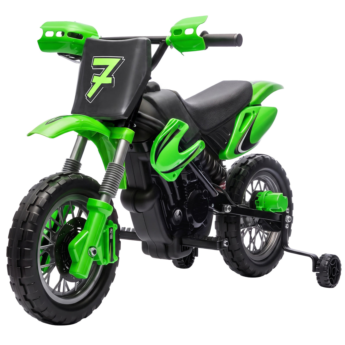12V Kids Motorcycle, 2 x 35W Electric Dirt Bike with Training Wheels, Rear Suspension, Horn for 3-6 Years, Green