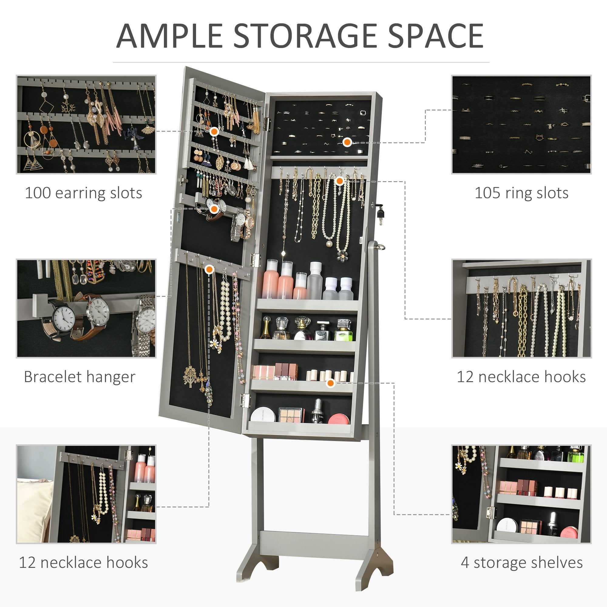 60" Full-Length Mirror Jewelry Storage Armoire w/ Lockable Door & Key, Gray