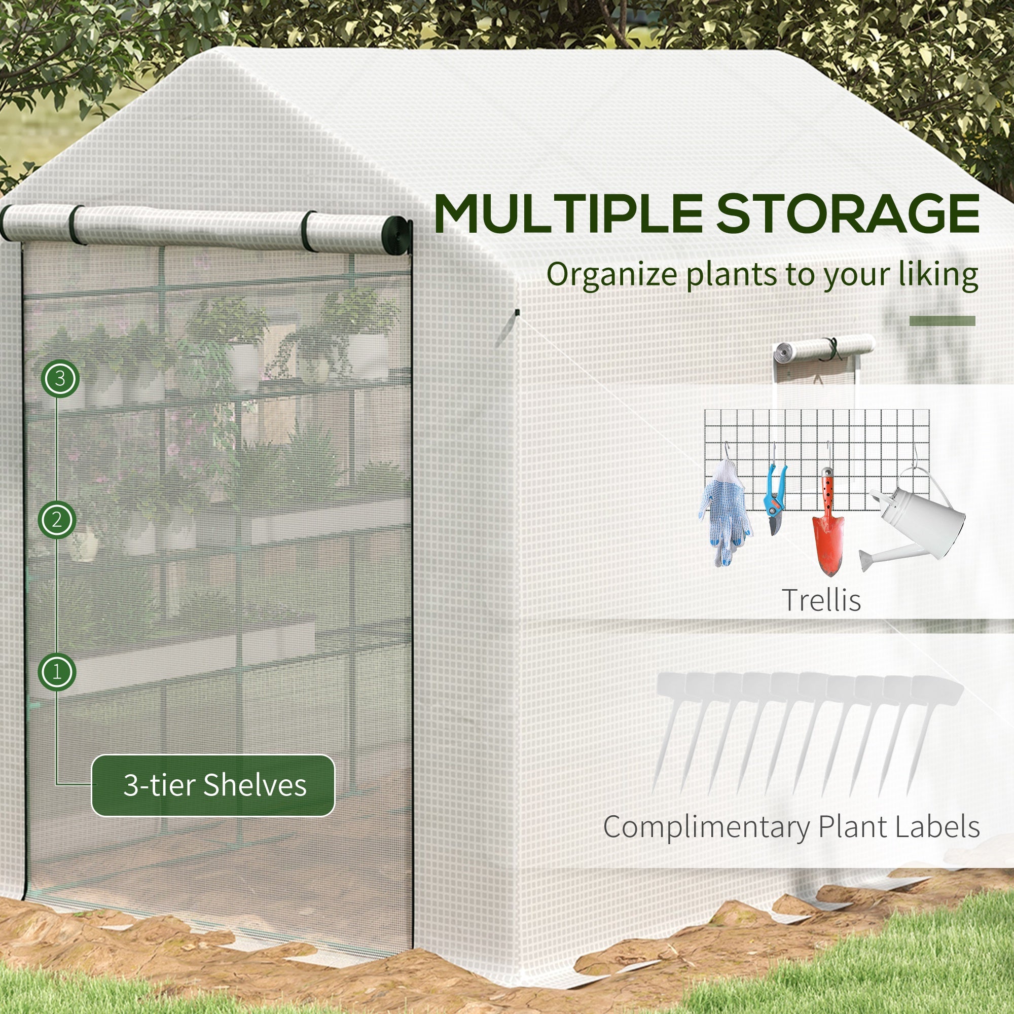 8' x 6' x 7' Portable Walk in Greenhouse with Mesh, Door, Windows, 18 Shelf, Trellis, Plant Labels, White - White - Image 8