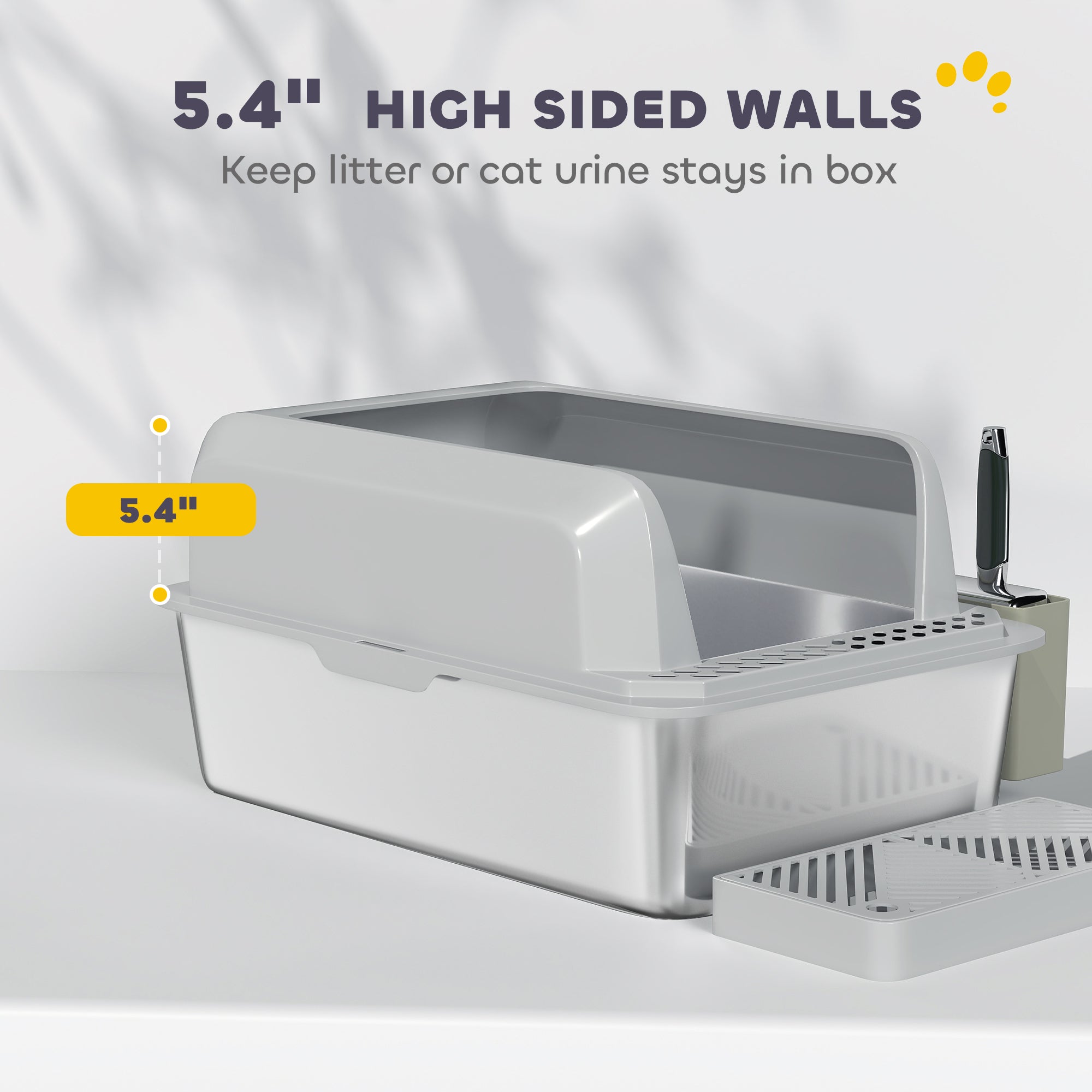Stainless Steel Litter Box with Metal Scoop & Scoop Holder, High Sided, Anti-Urine Leakage, Non-Sticky - Light Gray - Image 4