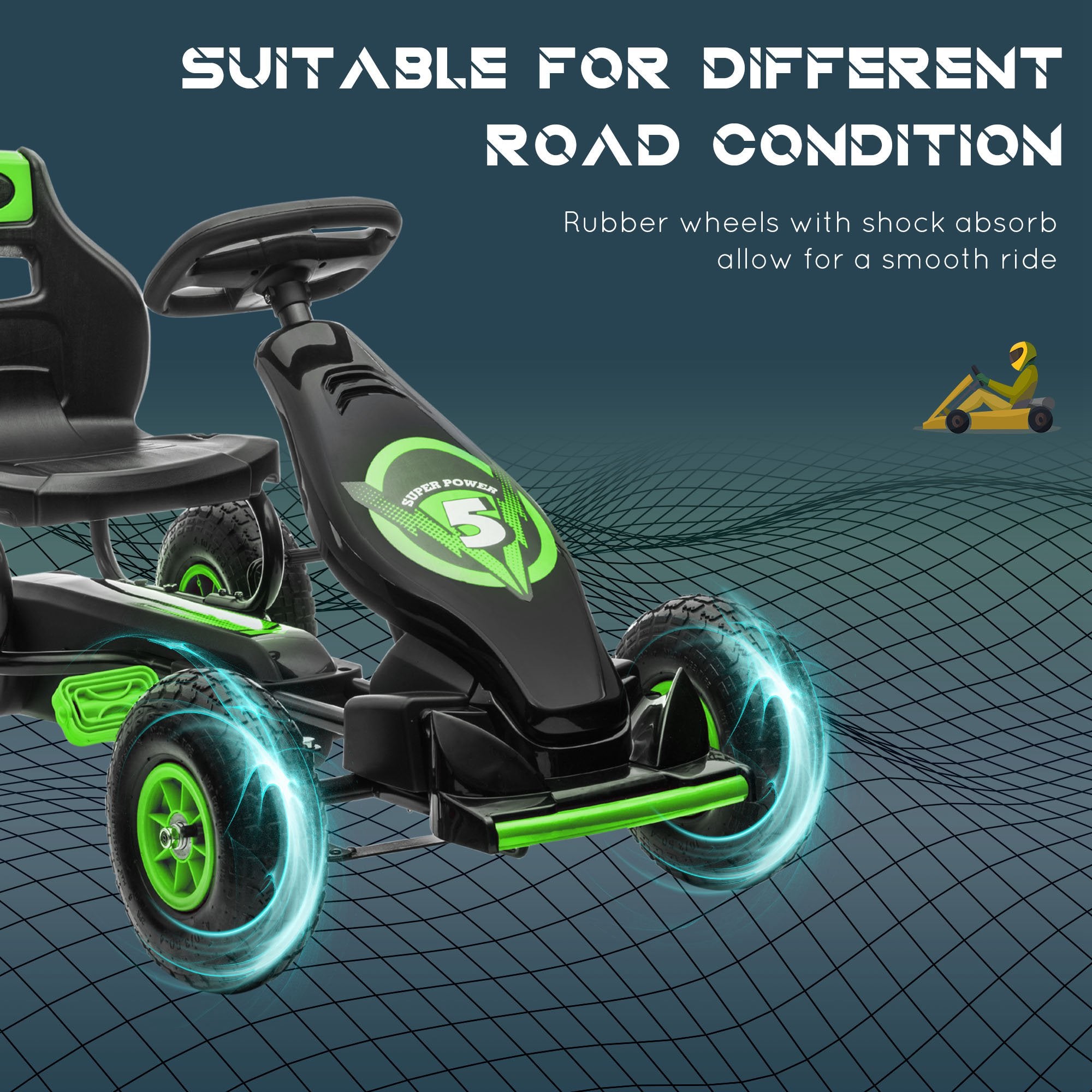 Ergonomic Pedal Go Kart Kids Ride-on Toy with Tough, Wear-Resistant Tread for Boys & Girls, Ages 5-12, Green