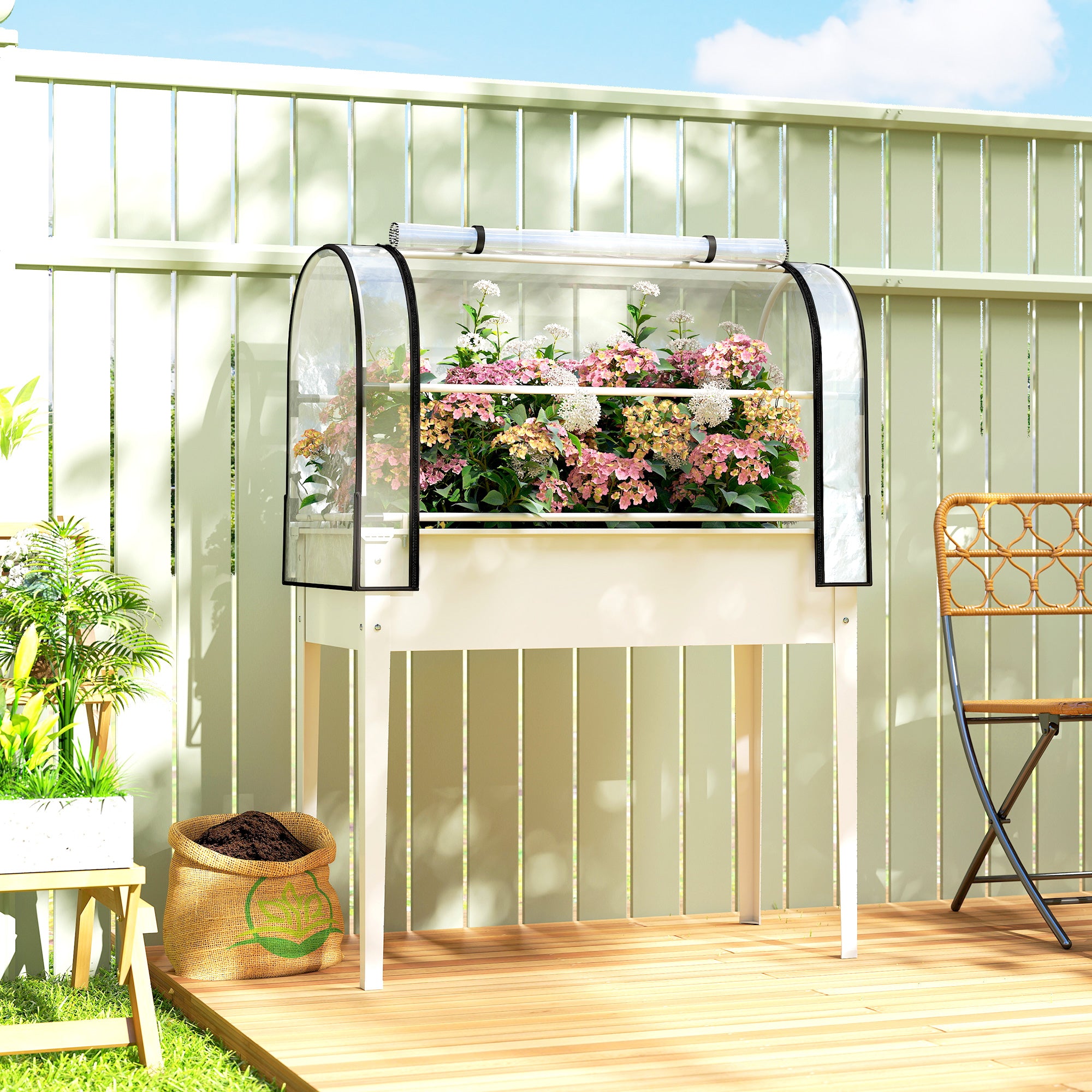 Raised Garden Bed with Flip-Up Greenhouse Cover, Metal Elevated Garden Bed with Legs and Drainage Hole, White - White - Image 2