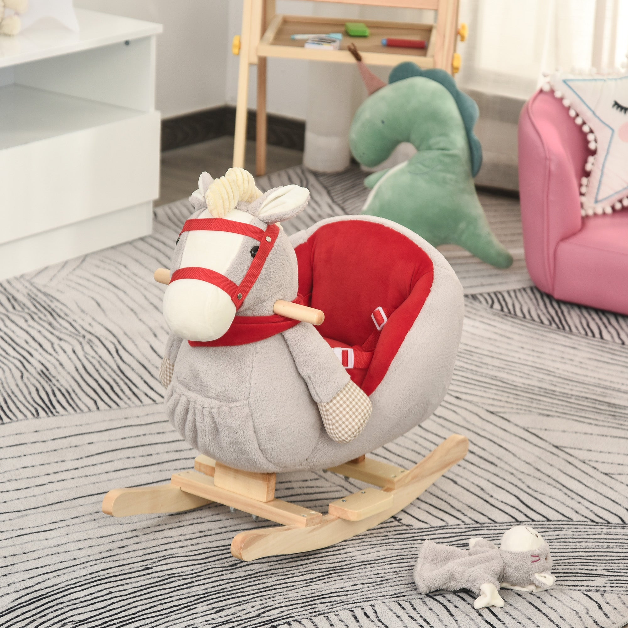 Kids Ride-On Rocking Horse Toy, Rocker with Lullaby Song, Hand Puppets & Soft Plush Fabric for Children 18-36 Months, Gray