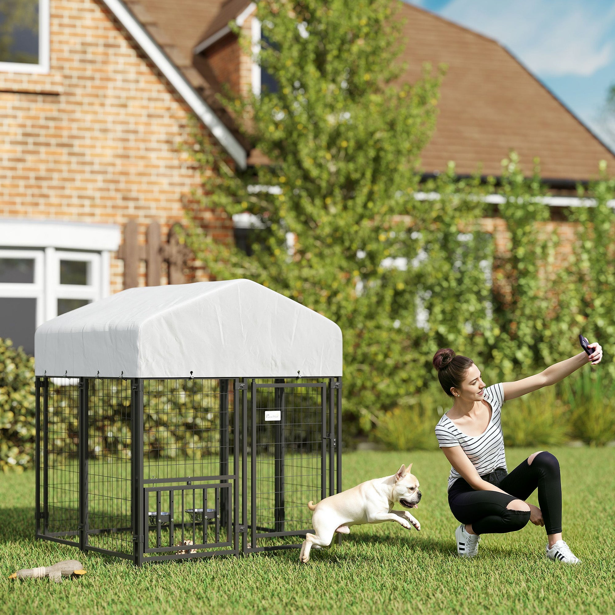 Welded Wire Outdoor Dog Kennel with 360° Rotating & 4 Levels Adjustable Bowls, Waterproof Cover, 3.9' x 3.9' x 4.5' - Silver - Image 2