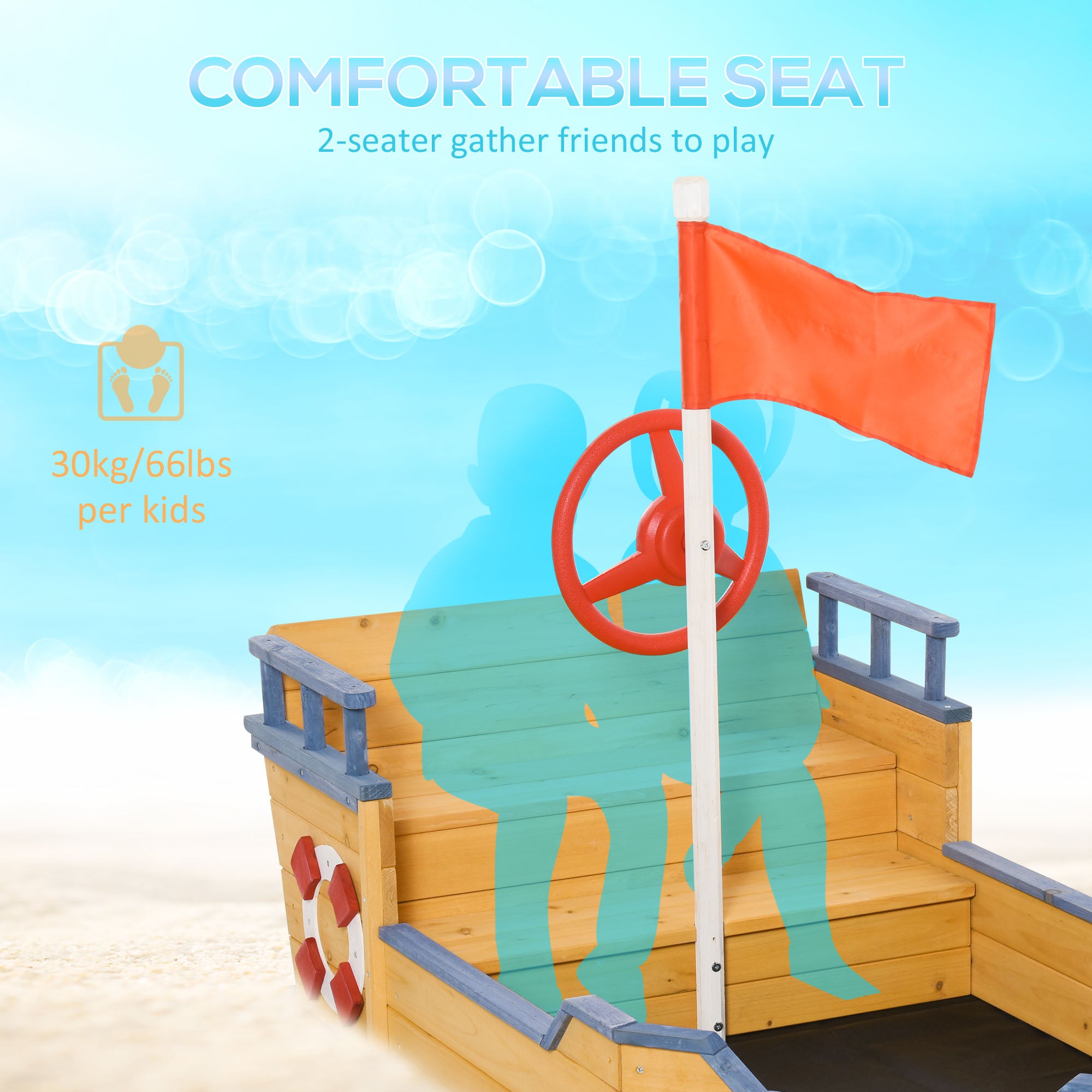 Kids Wooden Sandbox Pirate Ship Sandboat w/ Bench Seat Storage Space Ceder Wood