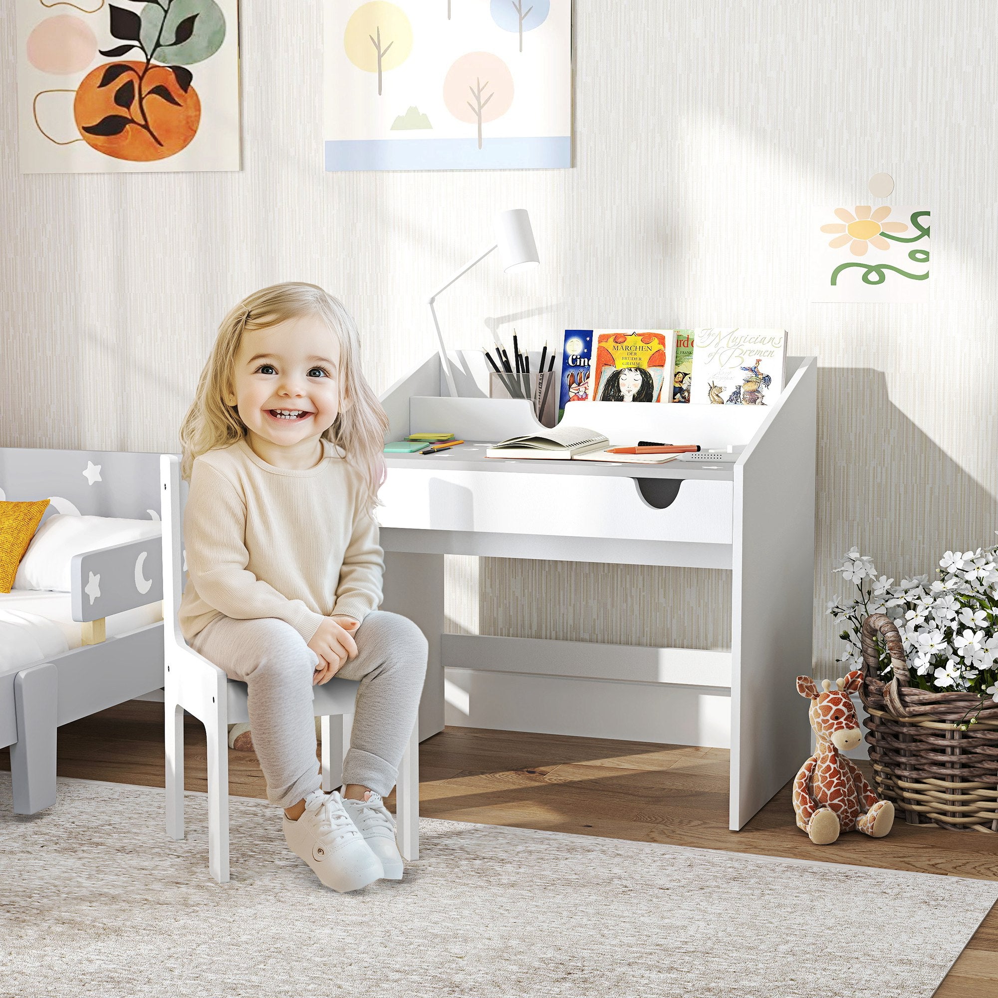 Kids Study Desk with Storage, Kids Desk and Chair Set for Bedroom & Study Room, Aged 3-6 Years, Gray