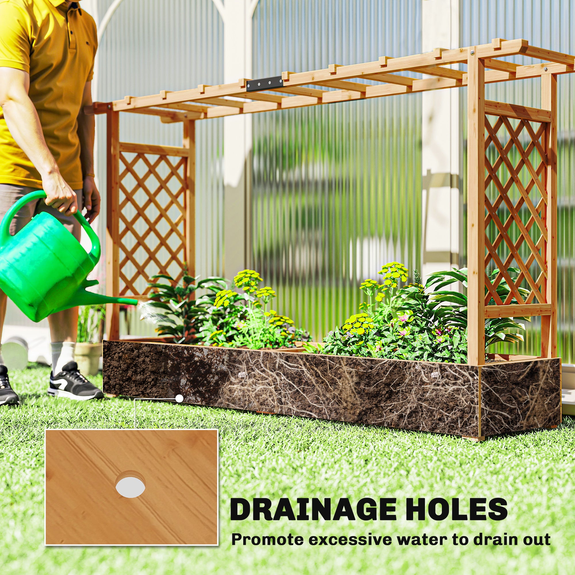 Wooden Planter Box with Trellis, Hanging Roof and Drainage Holes for Climbing Plants, Vegetables, Herbs and Flowers - Natural Wood - Image 6