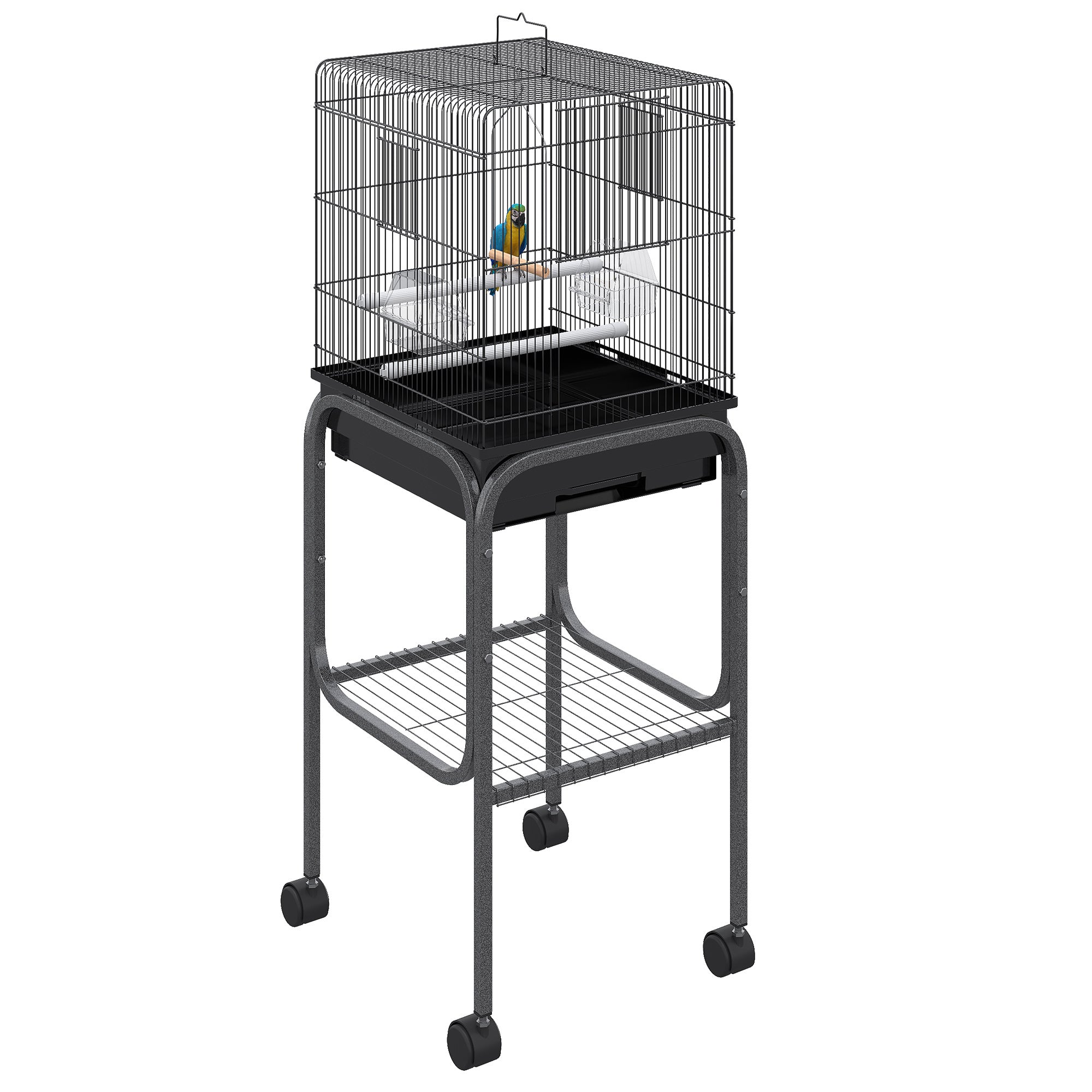 45-inch Metal Indoor Bird Cage, Parrot Cage, Bird Aviary with Detachable Rolling Stand, Storage Basket, and Accessories - Black - BLACK
