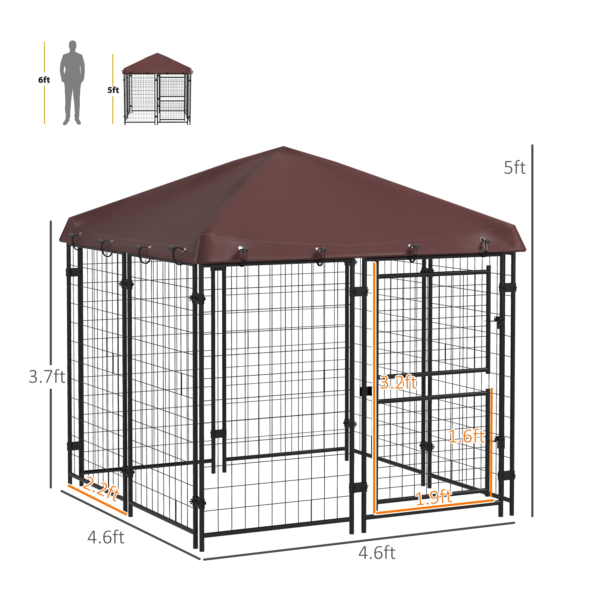 4.6' x 4.6' x 5' Dog Kennel Outdoor with Waterproof Canopy, Large Door - Brown - Image 3