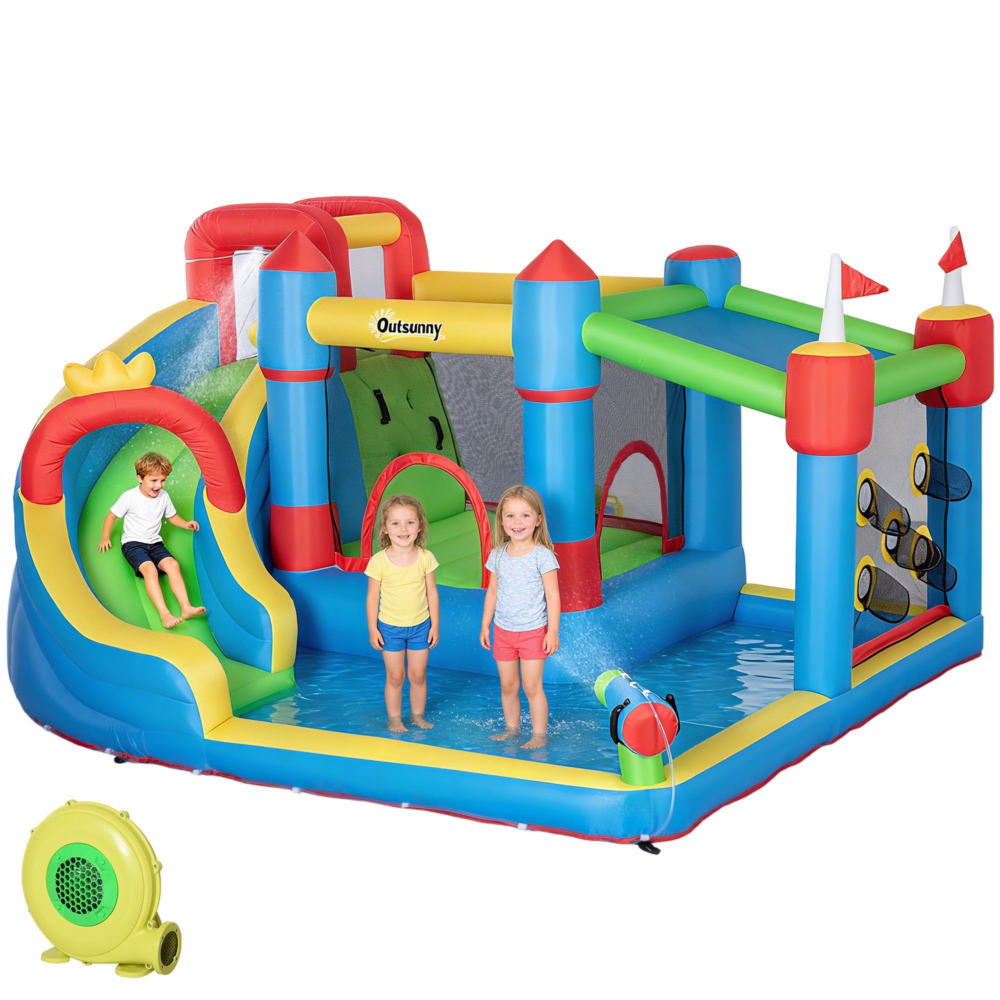 6-in-1 Inflatable Water Slide with Splash Pool, Slide, Climbing Wall, Water Cannon, Inflatable Bounce House for Kids with 2 Min. Inflation and Air Blower